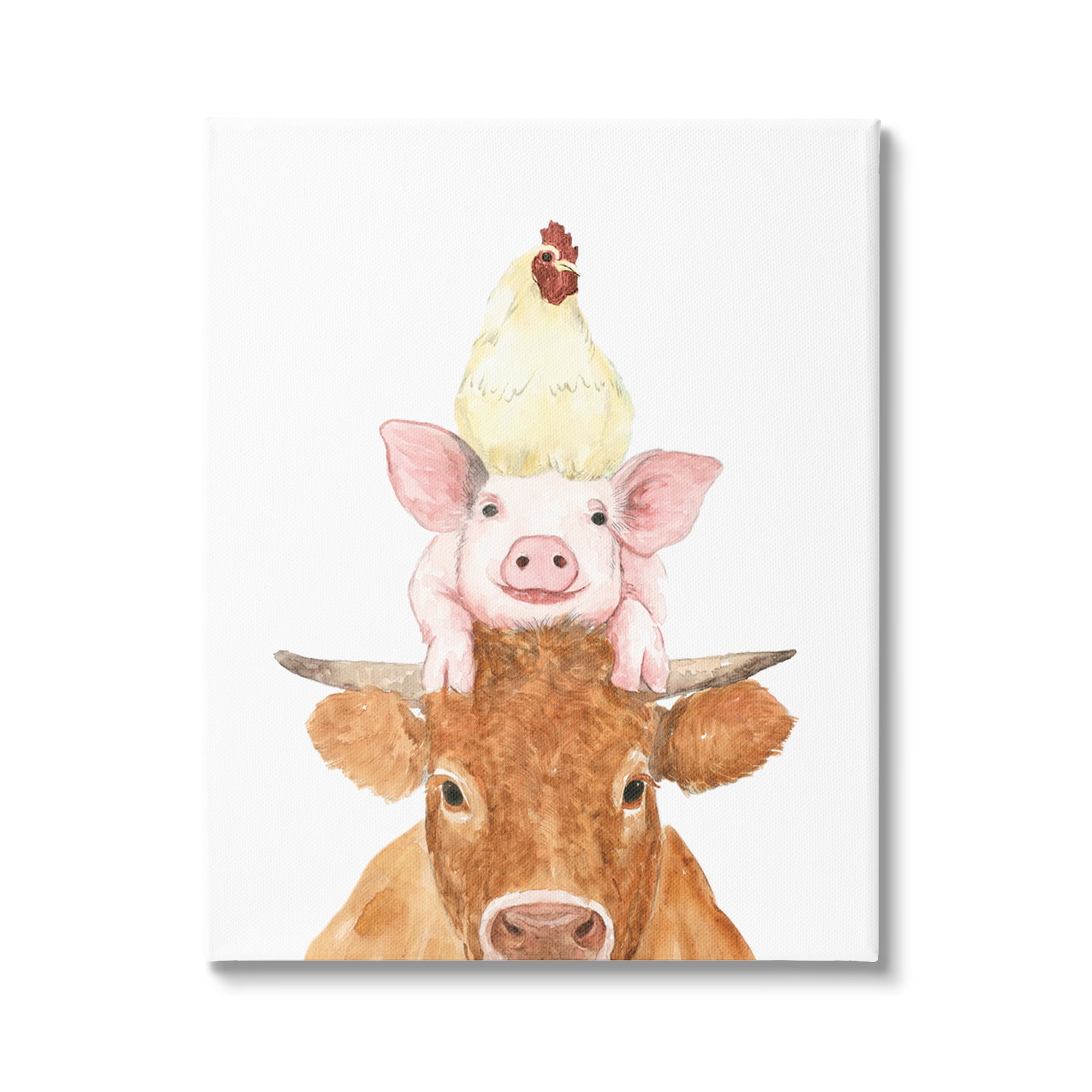 Stupell Industries Farm Animals Stacked Cute Illustration Cow Hen Pig Canvas Wall Art, 24 x 30, Design by White Ladder