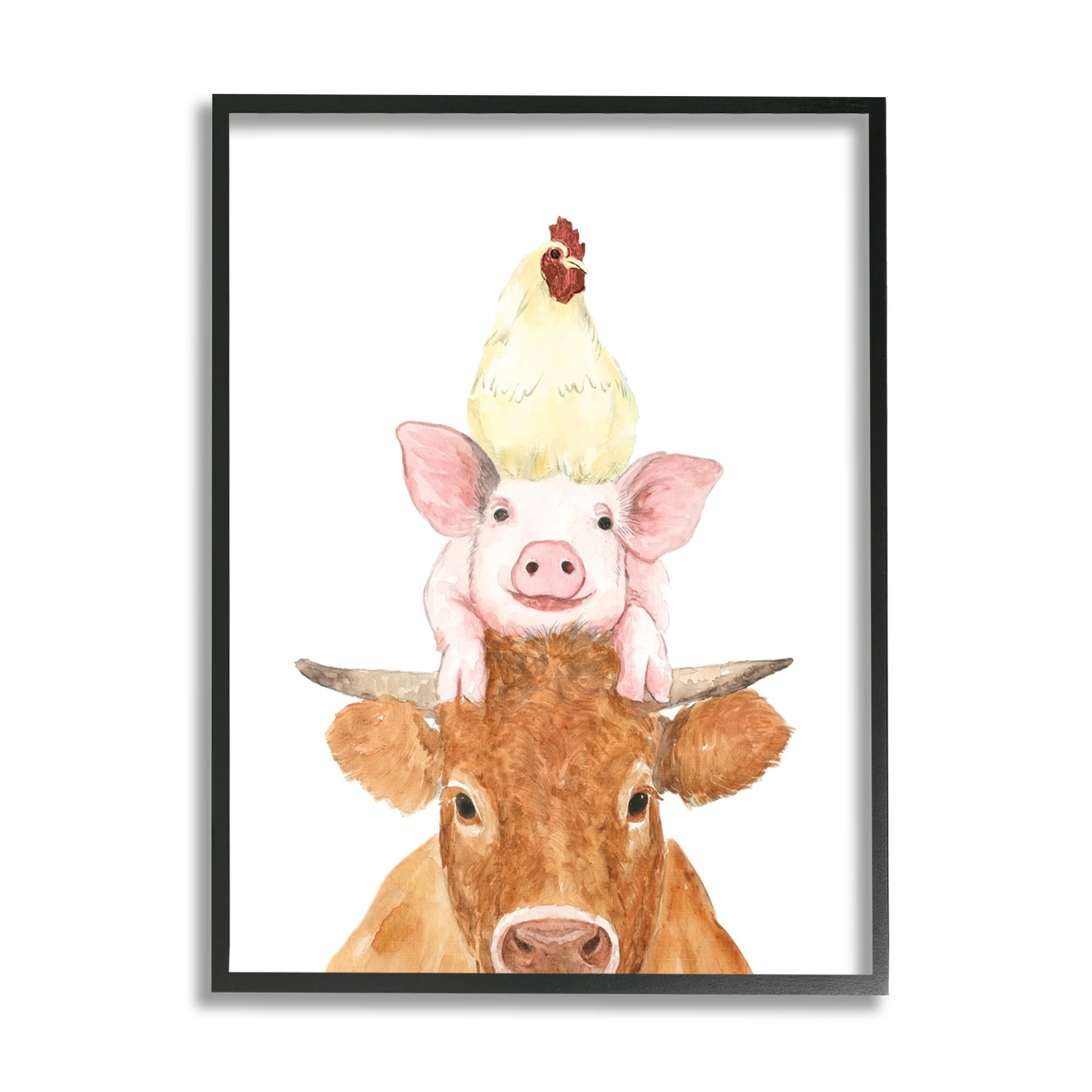 Stupell Industries Farm Animals Stacked Cute Illustration Cow Hen Pig Framed Wall Art, 11 x 14, Design by White Ladder
