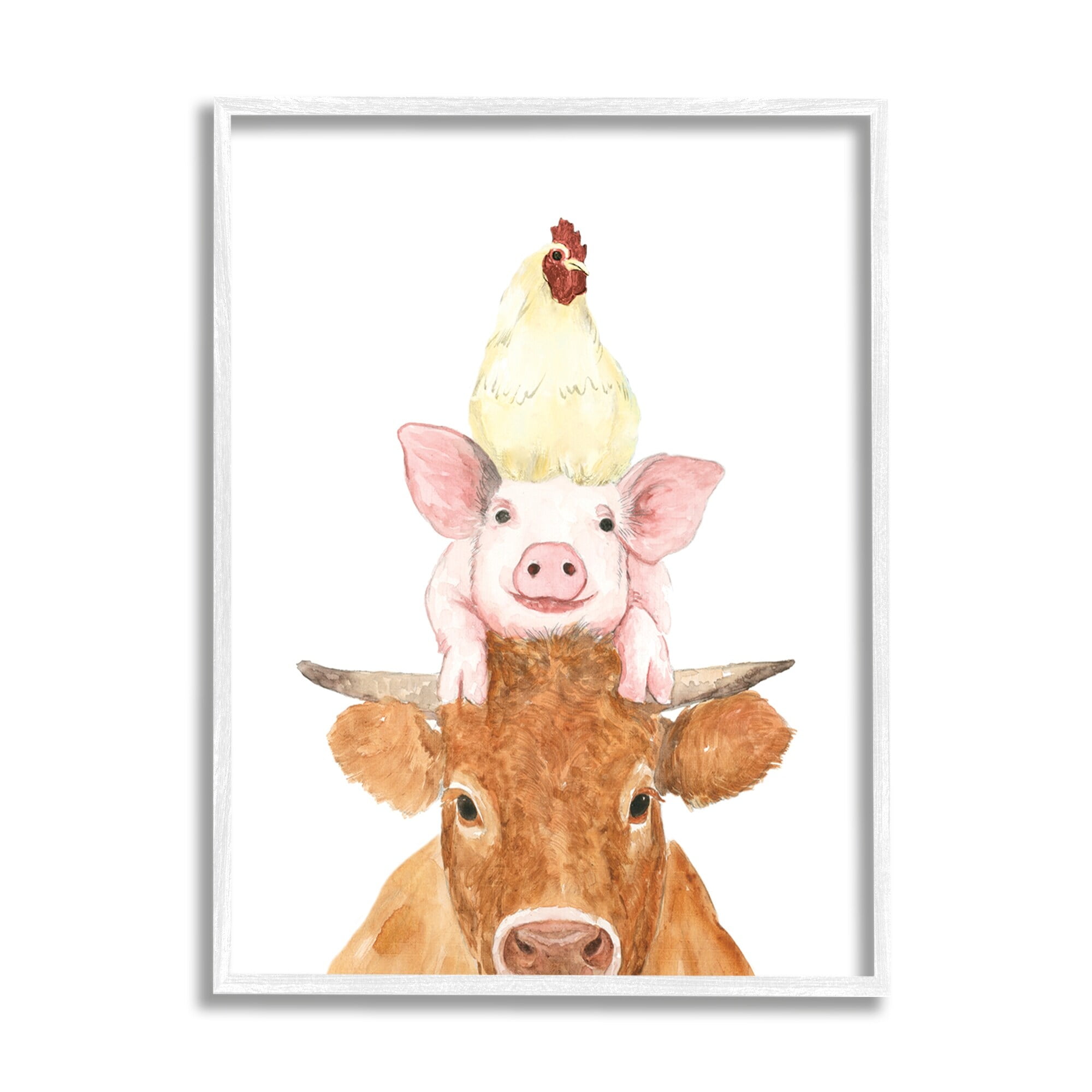 Stupell Industries Farm Animals Stacked Cute Illustration Cow Hen Pig Framed Wall Art, 24 x 30, Design by White Ladder