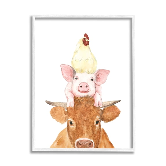 Stupell Industries Farm Animals Stacked Cute Illustration Cow Hen Pig Framed Wall Art, 24 x 30, Design by White Ladder