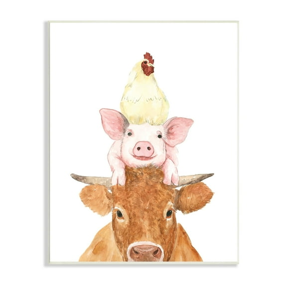Stupell Industries Farm Animals Stacked Cute Illustration Cow Hen Pig Wood Wall Art, 10 x 15, Design by White Ladder