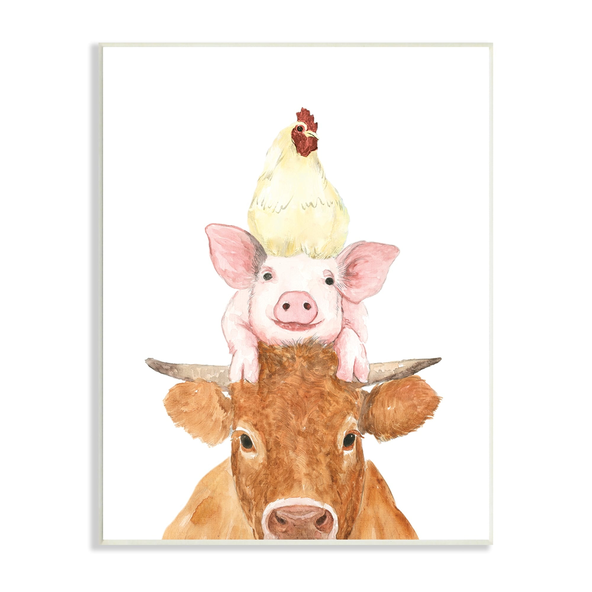 Stupell Industries Farm Animals Stacked Cute Illustration Cow Hen Pig Wood Wall Art, 13 x 19, Design by White Ladder