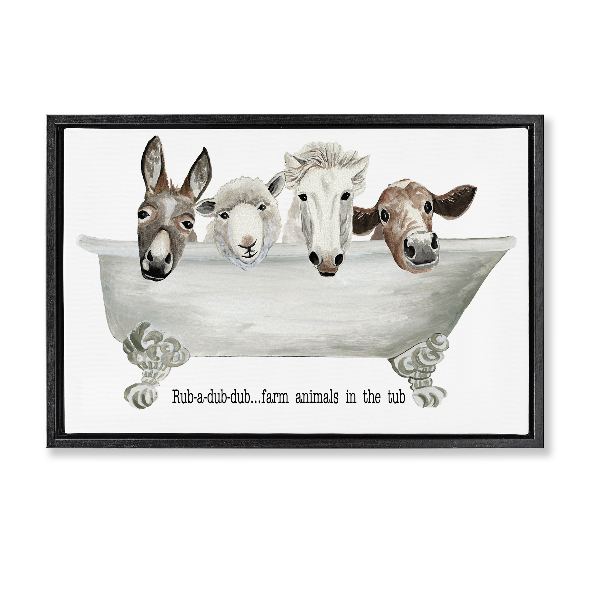 Stupell Industries Farm Animals Tub Bath & Laundry Painting Black Floater Framed Canvas Art Print Wall Art, 31 x 21