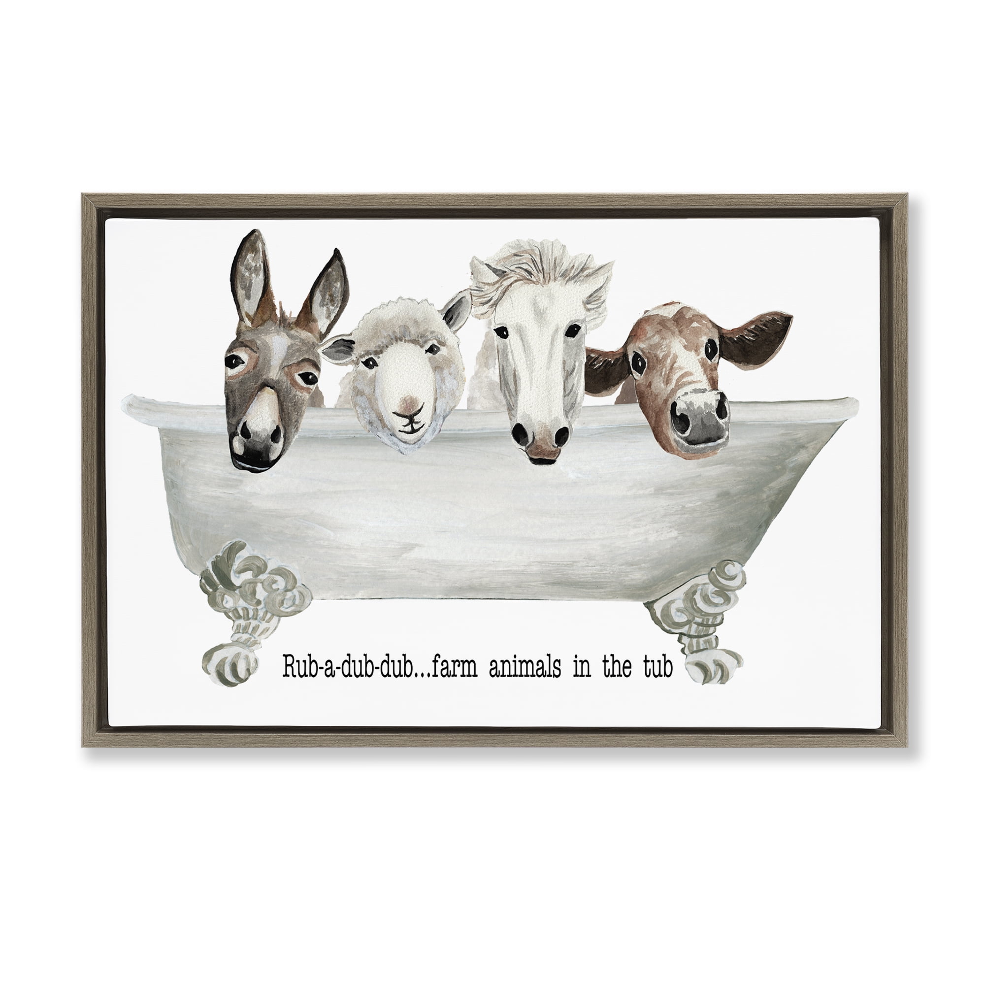 Stupell Industries Farm Animals Tub Bath & Laundry Painting Brown Floater Framed Canvas Art Print Wall Art, 25 x 17