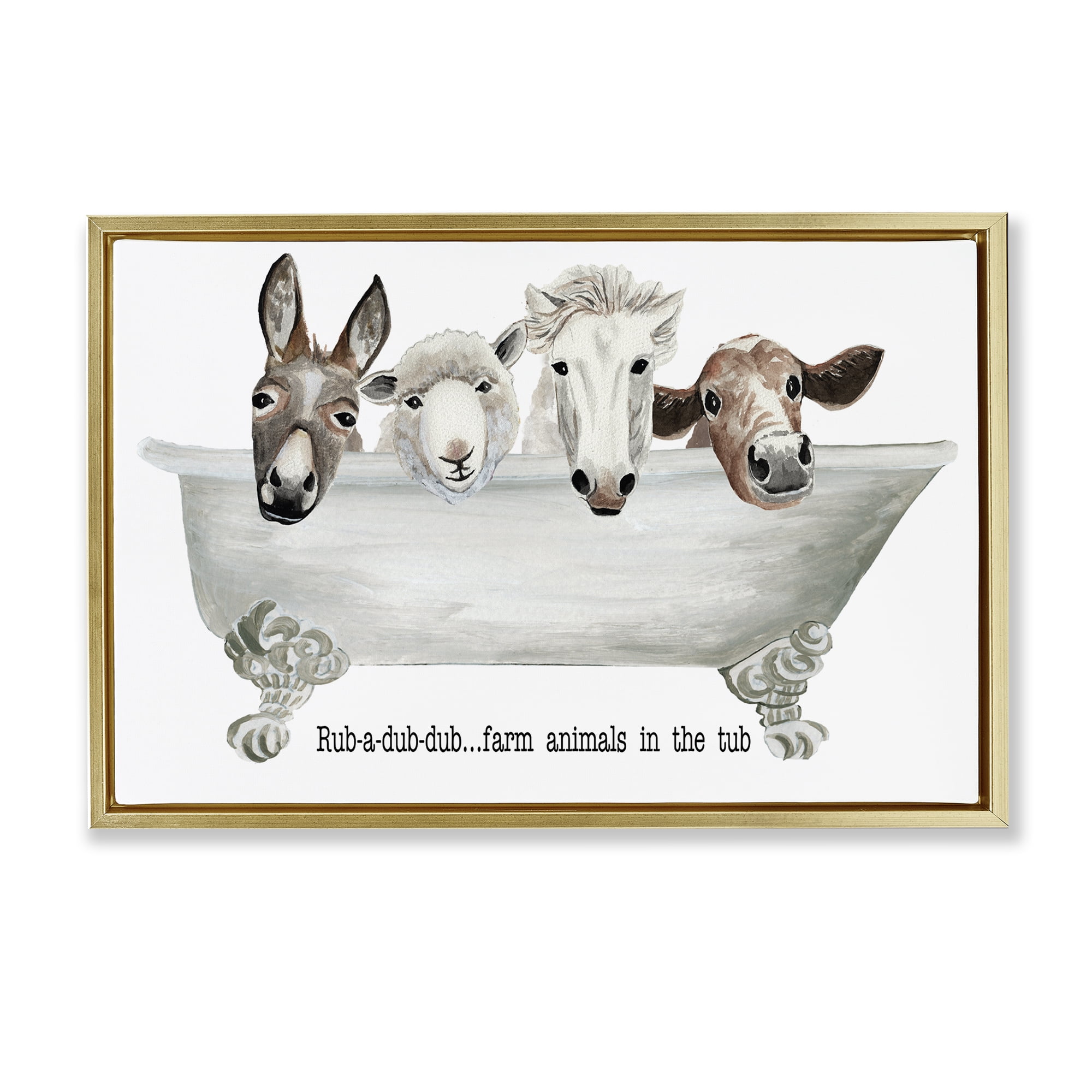 Stupell Industries Farm Animals Tub Bath & Laundry Painting Gold Floater Framed Canvas Art Print Wall Art, 25 x 17