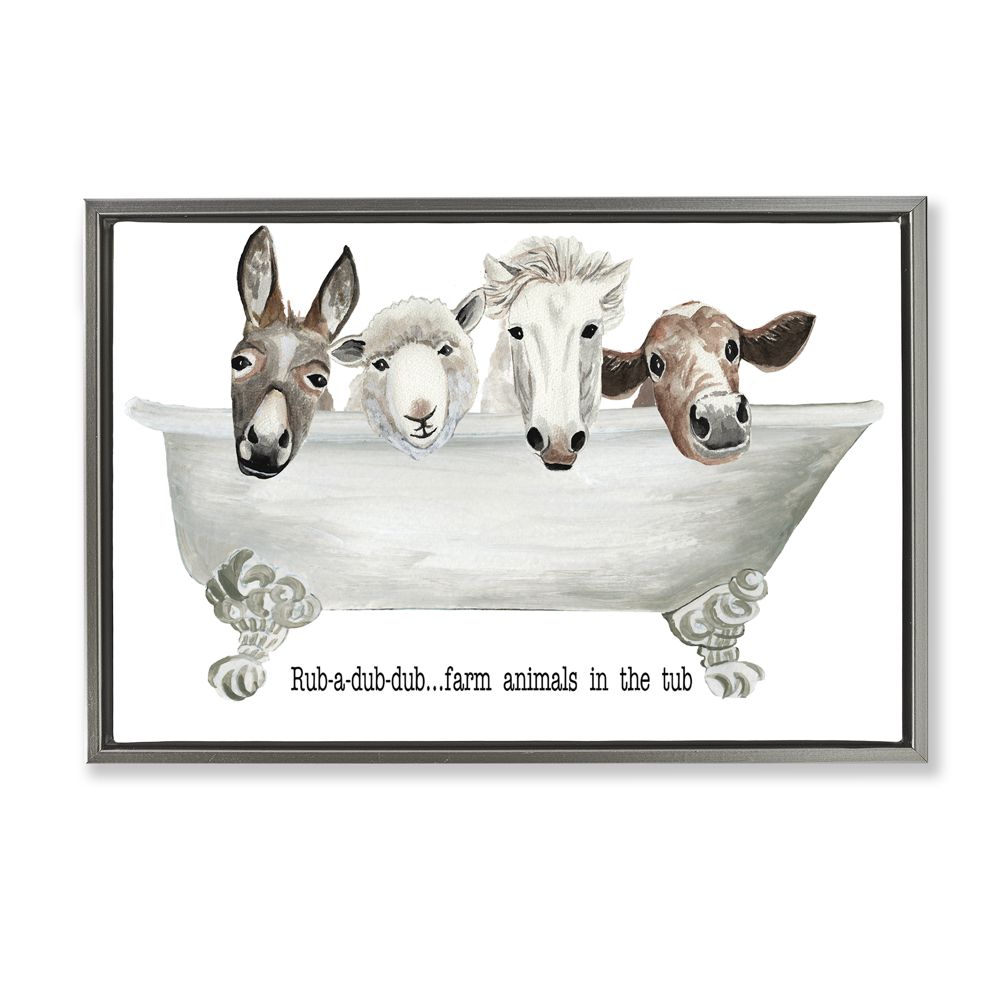 Stupell Industries Farm Animals Tub Bath & Laundry Painting Gray Floater Framed Canvas Art Print Wall Art, 25 x 17