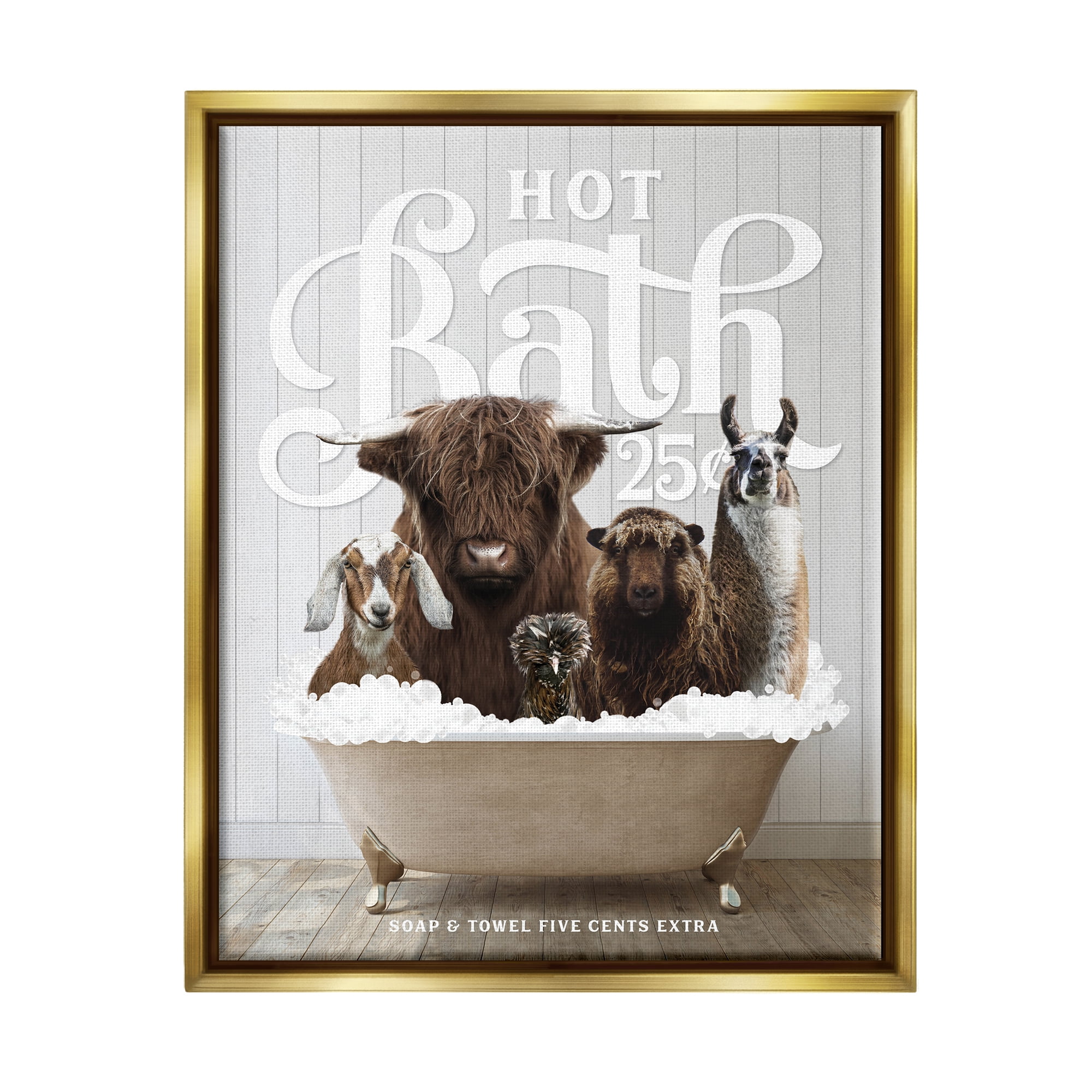 Stupell Industries Farm Animals in Bath Animals & Insects Painting Gold Floater Framed Art Print Wall Art, 25 x 31