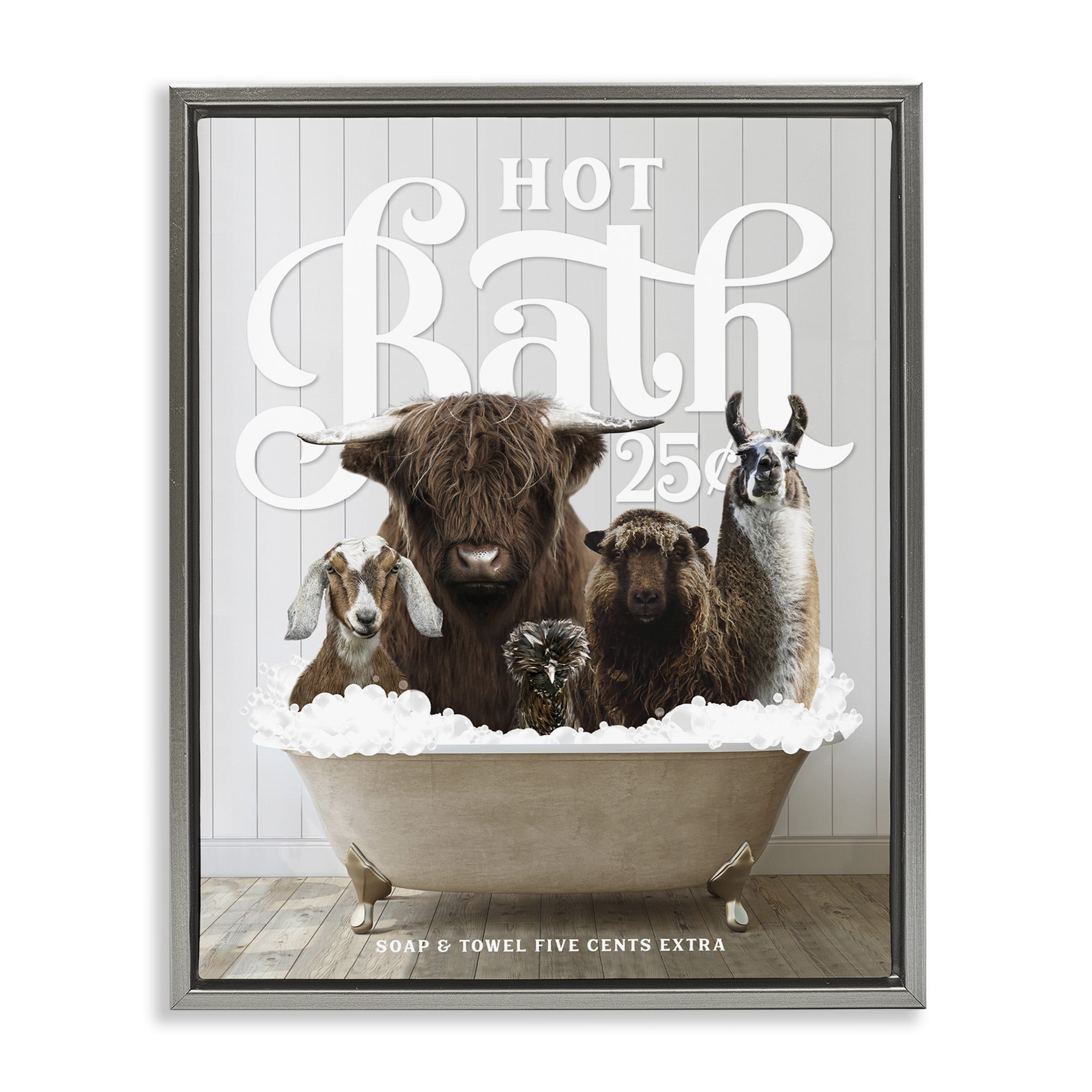 Stupell Industries Farm Animals in Bath Animals & Insects Painting Gray Floater Framed Art Print Wall Art, 17 x 21