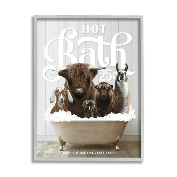 Stupell Industries Farm Animals in Bath Animals & Insects Painting Gray Framed Art Print Wall Art, 11 x 14