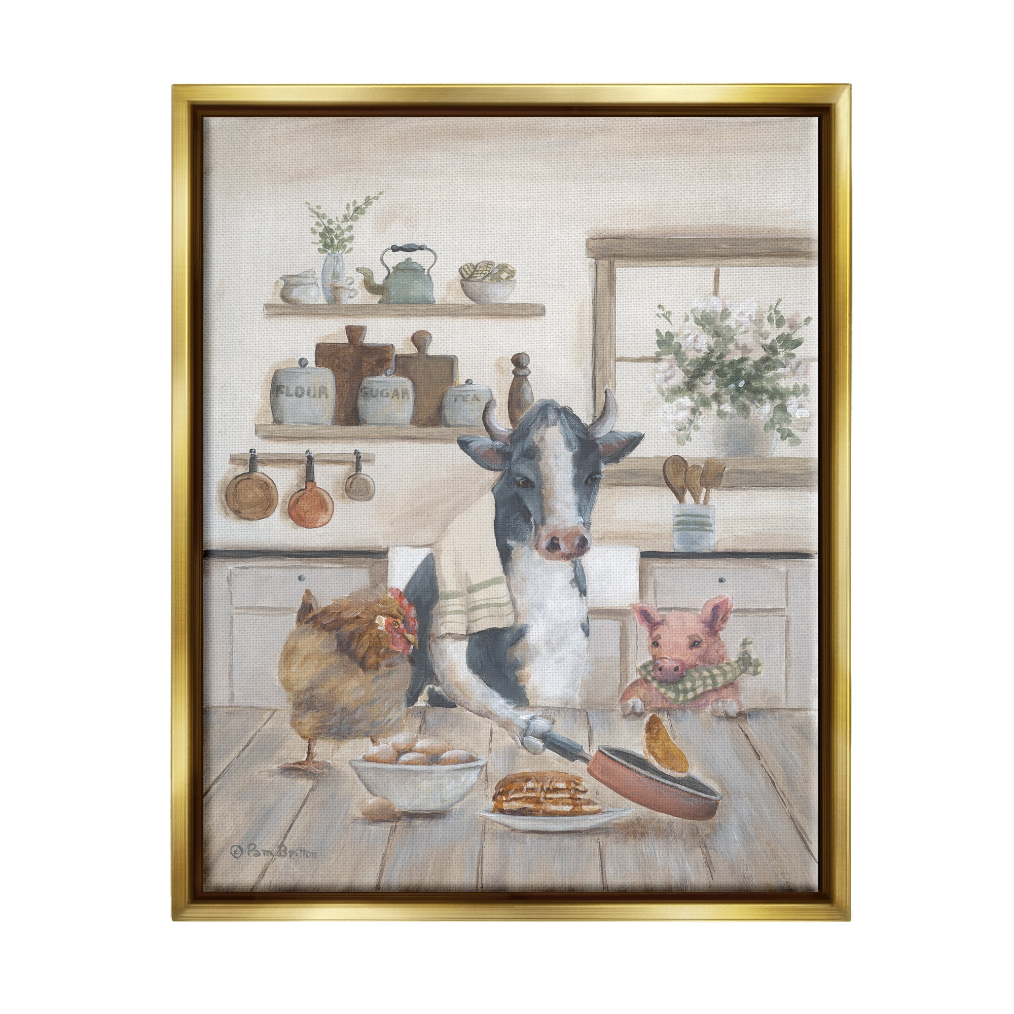 Stupell Industries Farm Animals in Kitchen Animals & Insects Painting Gold Floater Framed Art Print Wall Art, 17 x 21