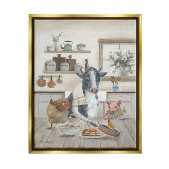 Stupell Industries Farm Animals in Kitchen Animals & Insects Painting Gold Floater Framed Art Print Wall Art, 25 x 31