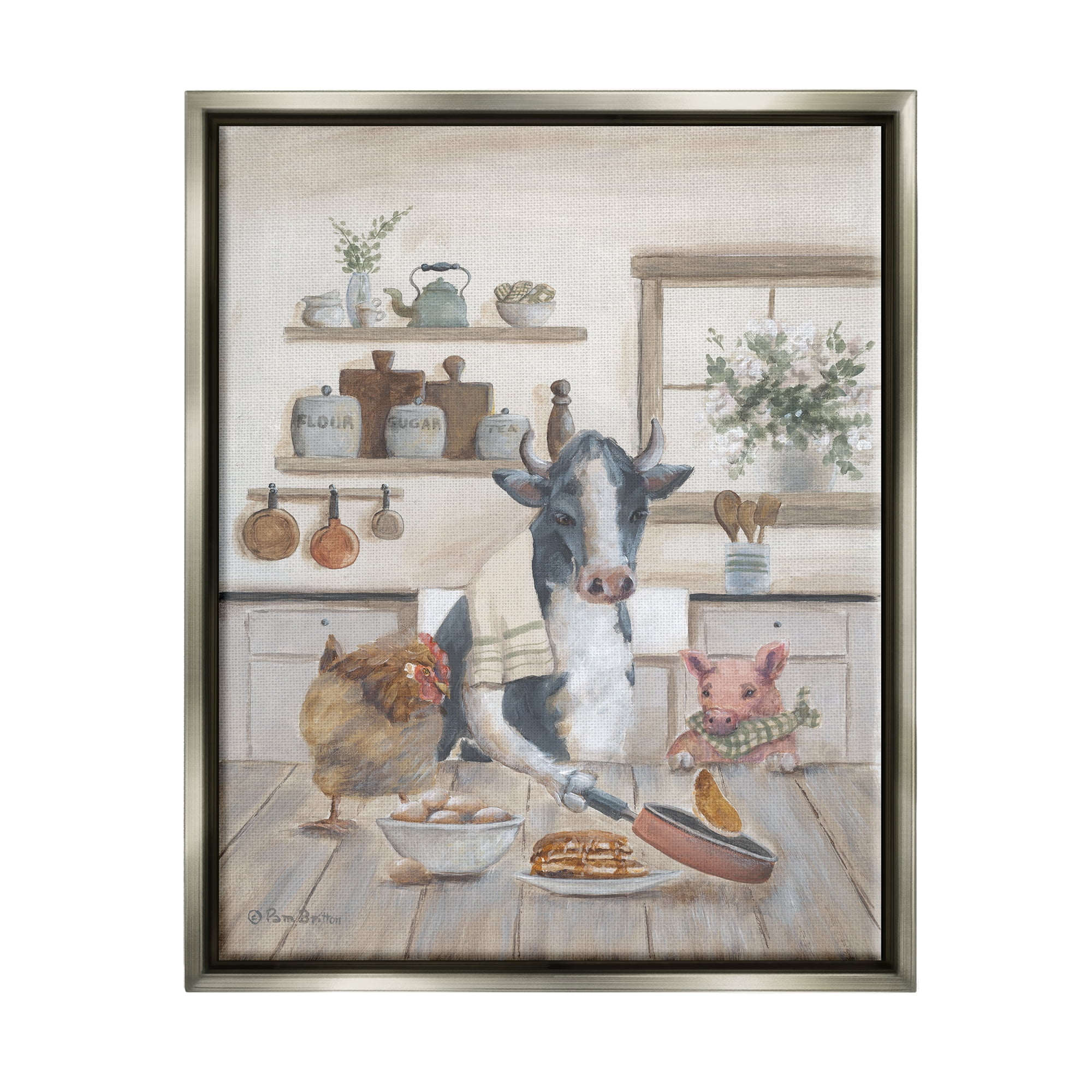 Stupell Industries Farm Animals in Kitchen Animals & Insects Painting Gray Floater Framed Art Print Wall Art, 17 x 21