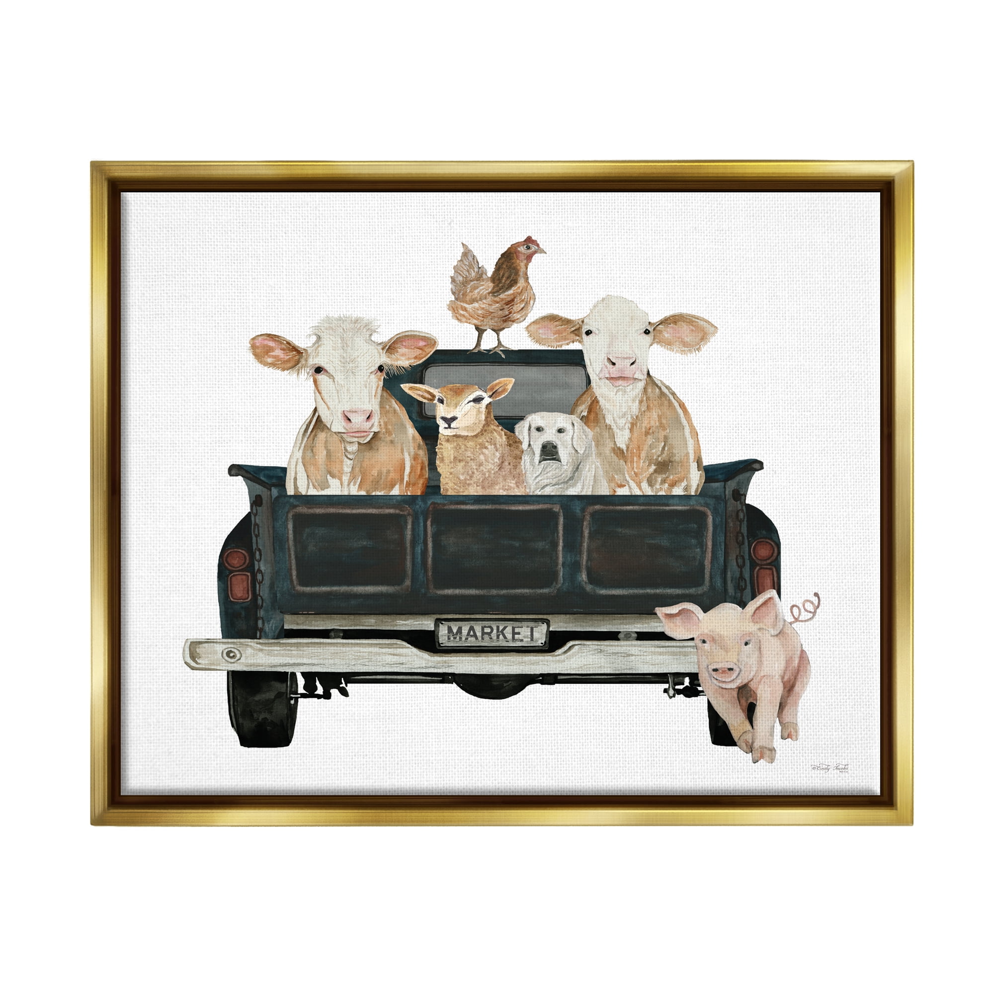 Stupell Industries Farm Animals in Truck Animals & Insects Painting Gold Floater Framed Art Print Wall Art, 31 x 25