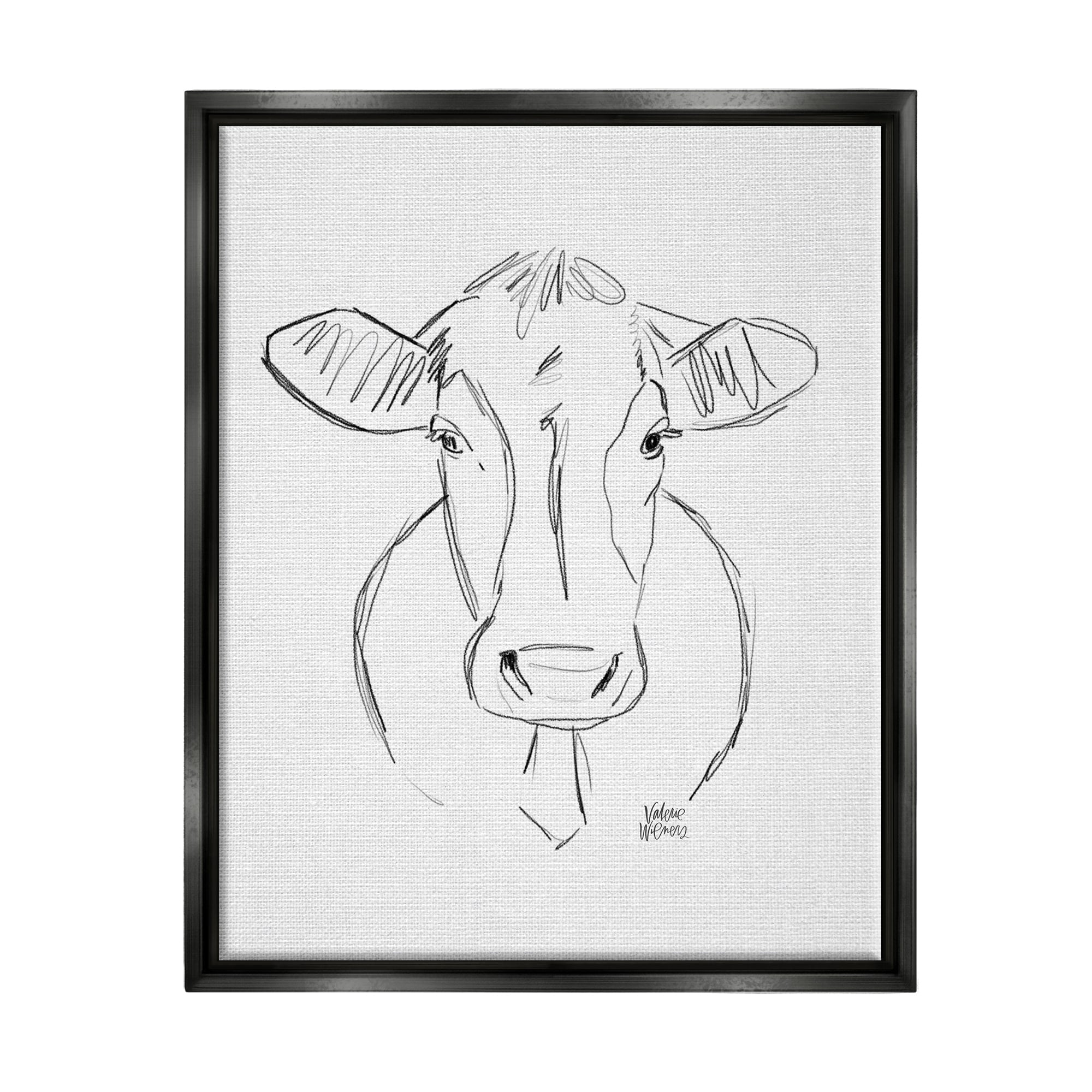 Stupell Industries Farm Cattle Cow Pencil Sketch Drawing Portrait Drawing Print Jet Black Floating Framed Canvas Print Wall Art, Design by Valerie Wieners