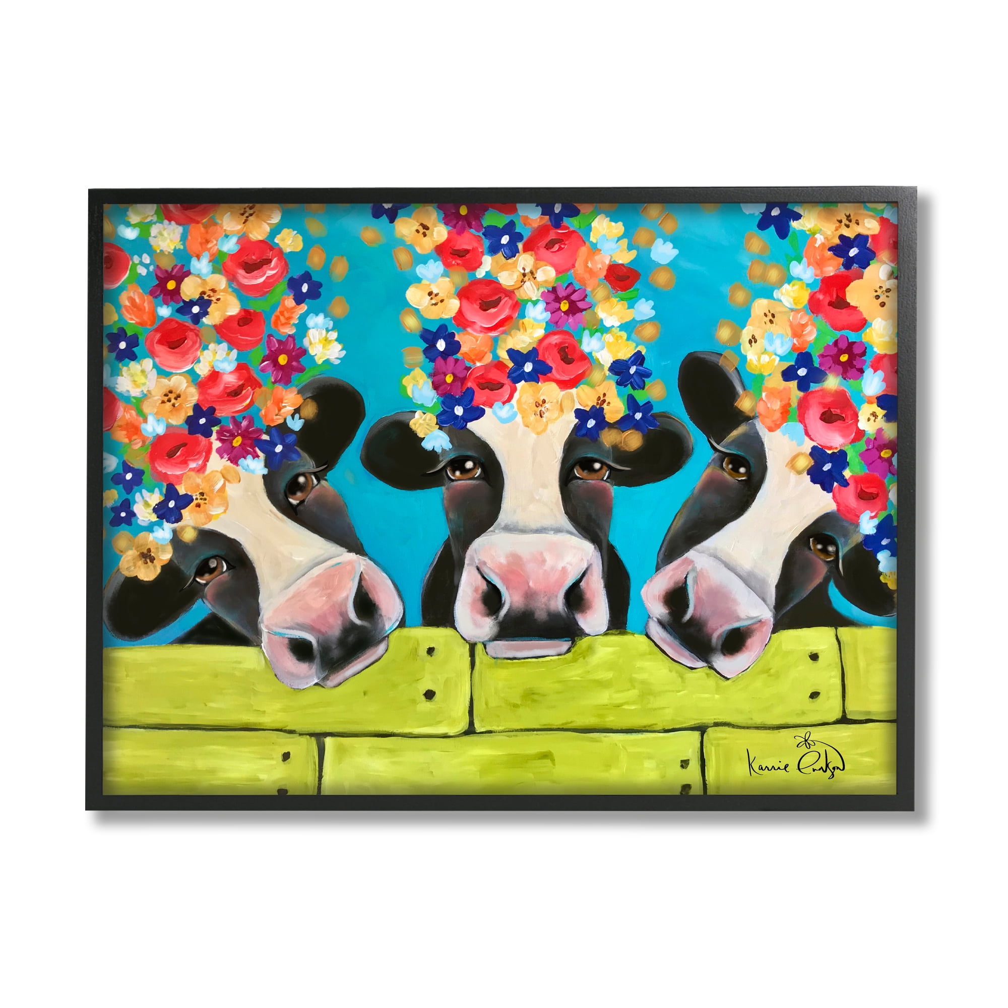 Stupell Industries Farm Cattle Cows Bright Flower Petals Green Planks Painting Black Framed Art Print Wall Art, Design by Karrie Evenson
