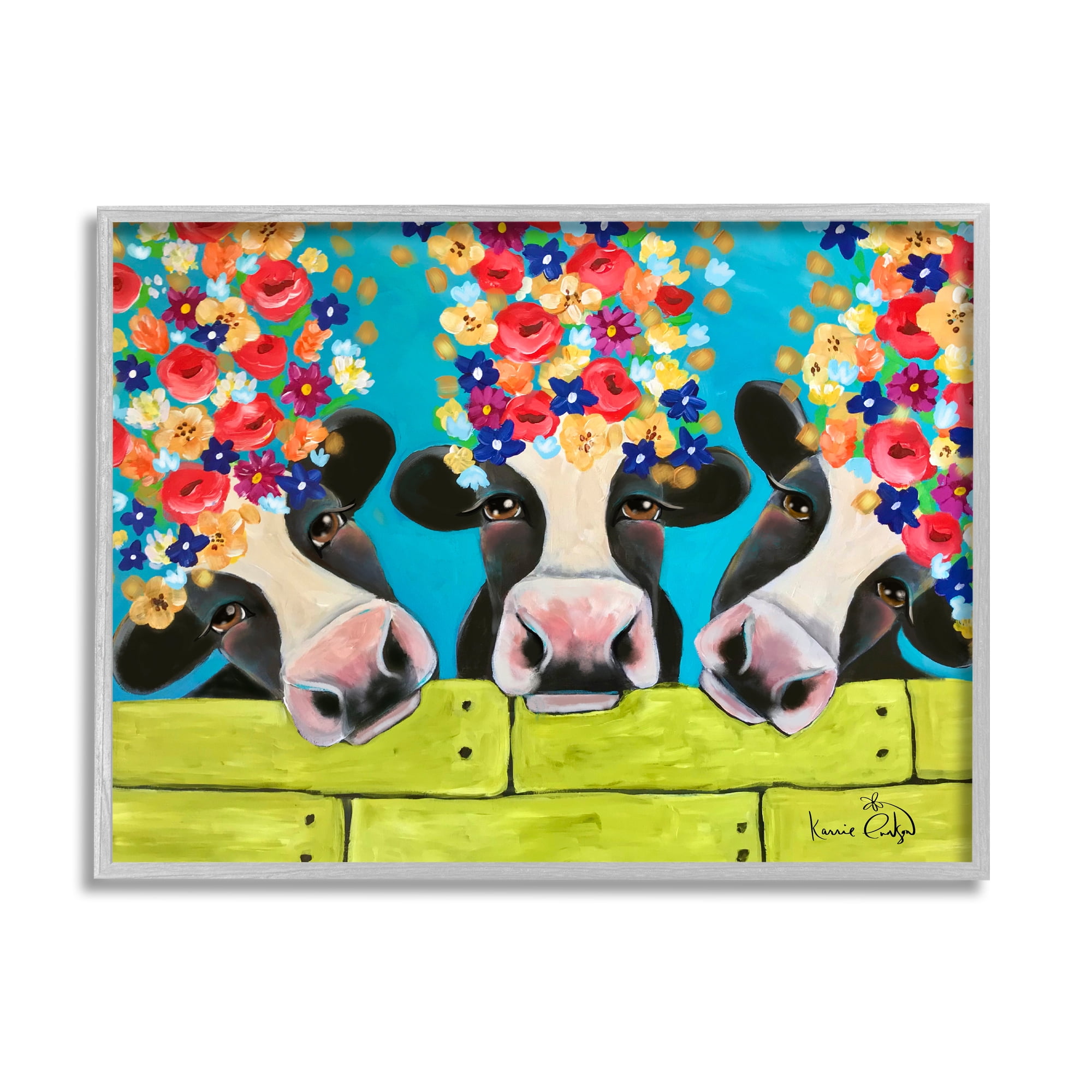 Stupell Industries Farm Cattle Cows Bright Flower Petals Green Planks Painting Gray Framed Art Print Wall Art, Design by Karrie Evenson