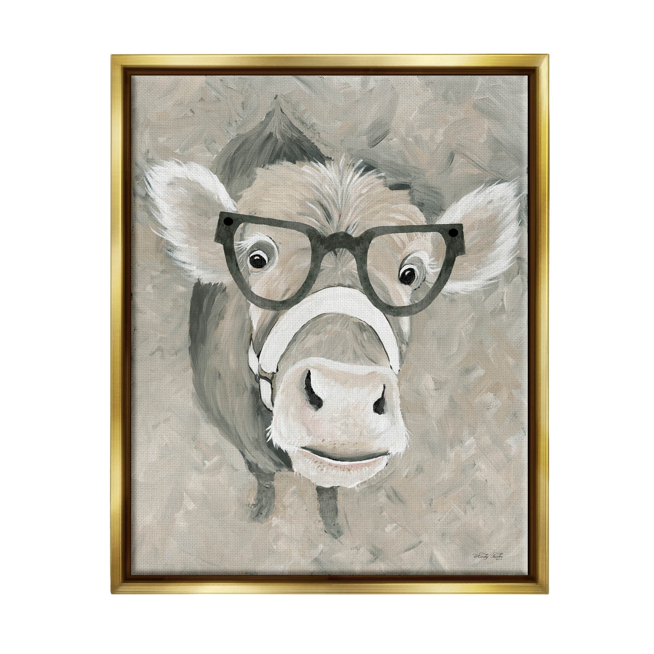 Stupell Industries Farm Cattle Glasses Spectacles Painting Metallic Gold Floating Framed Canvas Print Wall Art, Design by Cindy Jacobs