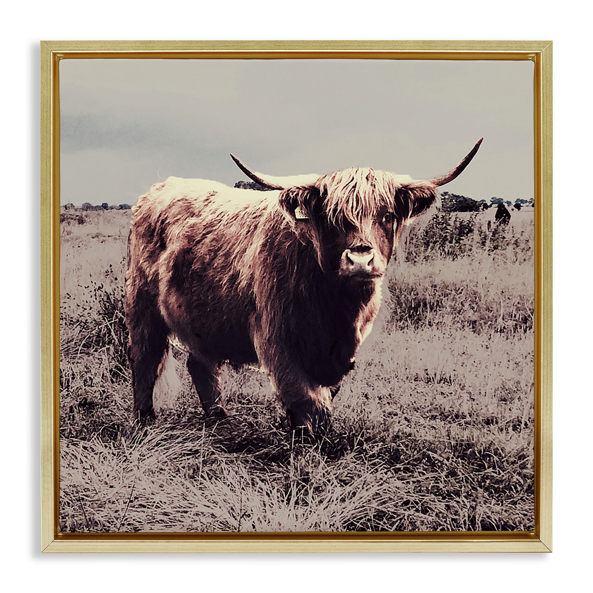 Stupell Industries Farm Cattle Rustic Vintage Styling Animals & Insects Painting Gold Floater Framed Canvas Art Print Wall Art, 18 x 18