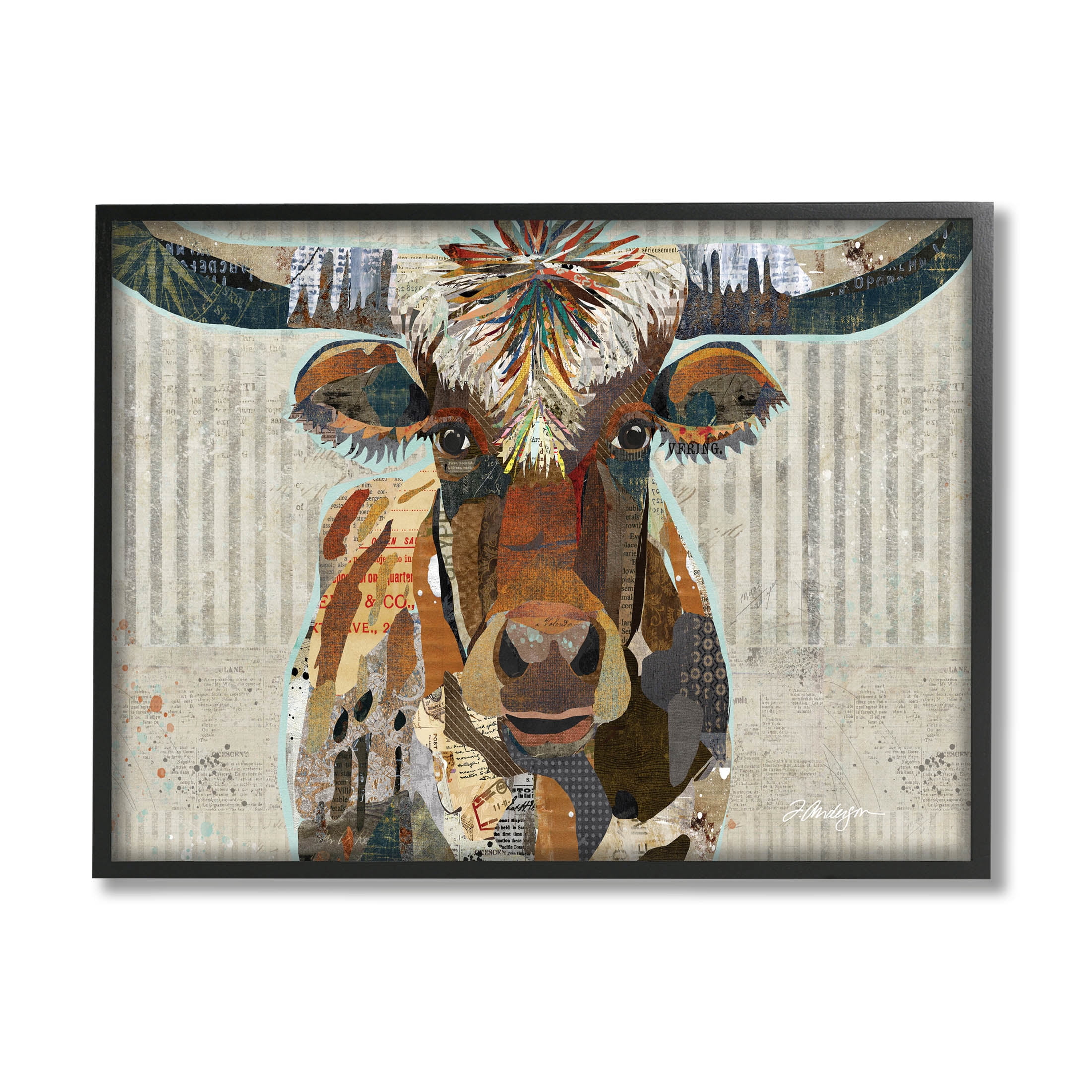 Stupell Industries Farm Cattle Striped Pattern Collage Graphic Art Black Framed Art Print Wall Art, Design by Traci Anderson