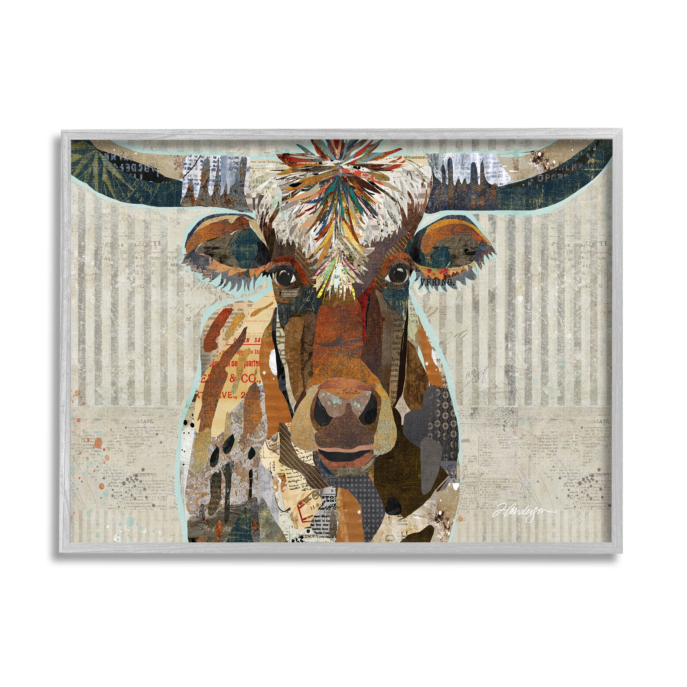 Stupell Industries Farm Cattle Striped Pattern Collage Graphic Art Gray Framed Art Print Wall Art, Design by Traci Anderson