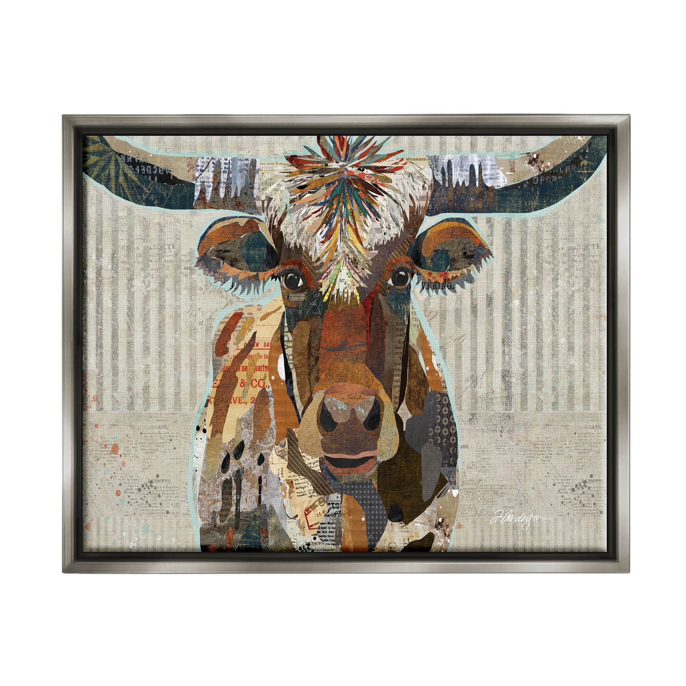 Stupell Industries Farm Cattle Striped Pattern Collage Graphic Art Luster Gray Floating Framed Canvas Print Wall Art, Design by Traci Anderson