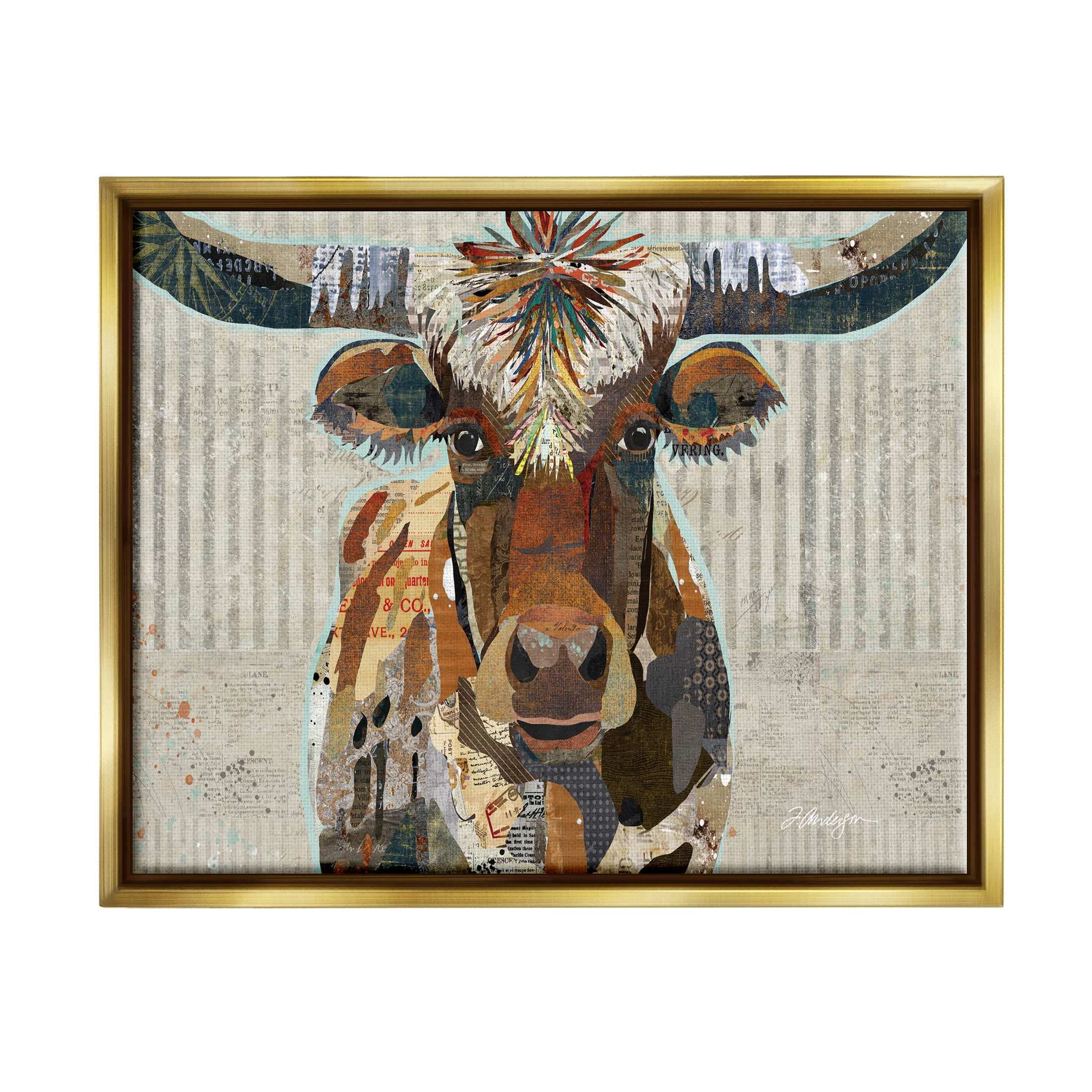 Stupell Industries Farm Cattle Striped Pattern Collage Graphic Art Metallic Gold Floating Framed Canvas Print Wall Art, Design by Traci Anderson