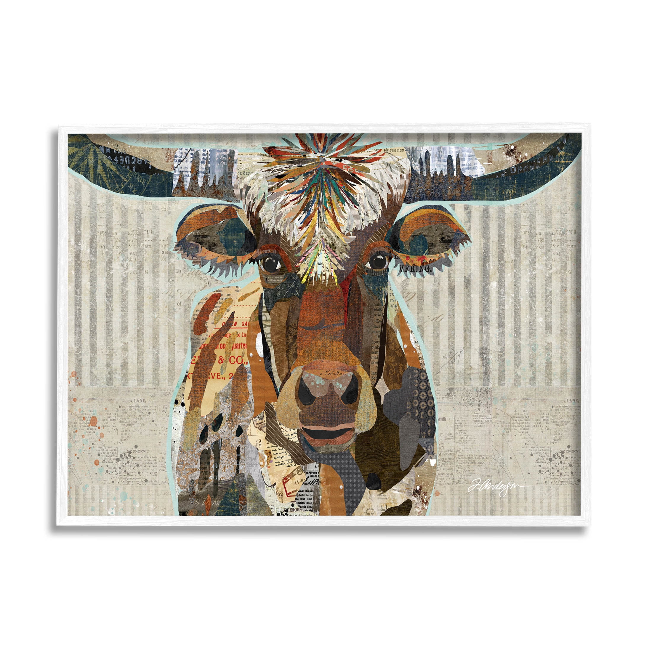 Stupell Industries Farm Cattle Striped Pattern Collage Graphic Art White Framed Art Print Wall Art, Design by Traci Anderson