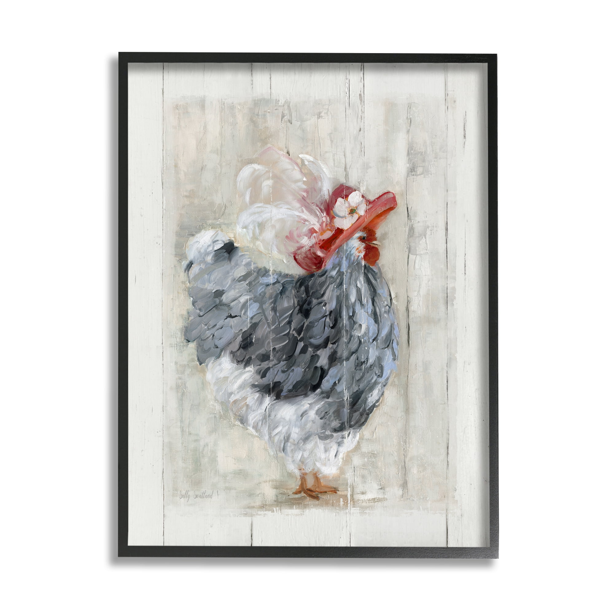 Stupell Industries Farm Chicken in Traditional Brim Hat Chic Bird Animals & Insects Painting Black Framed Art Print Wall Art, 16 x 20