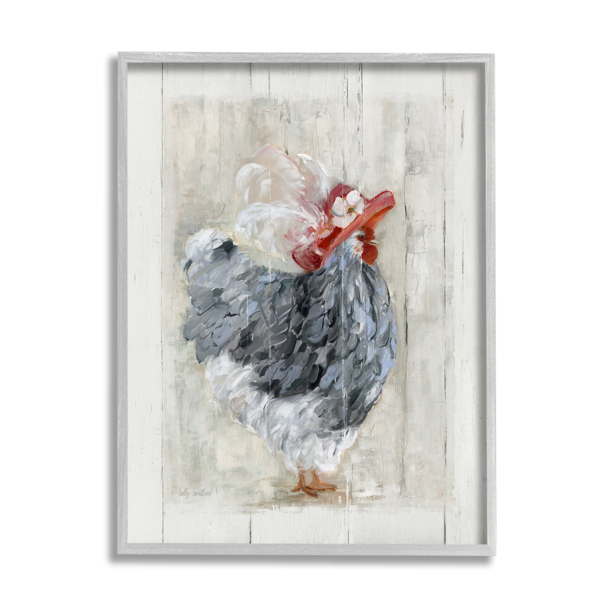 Stupell Industries Farm Chicken in Traditional Brim Hat Chic Bird Animals & Insects Painting Gray Framed Art Print Wall Art, 11 x 14