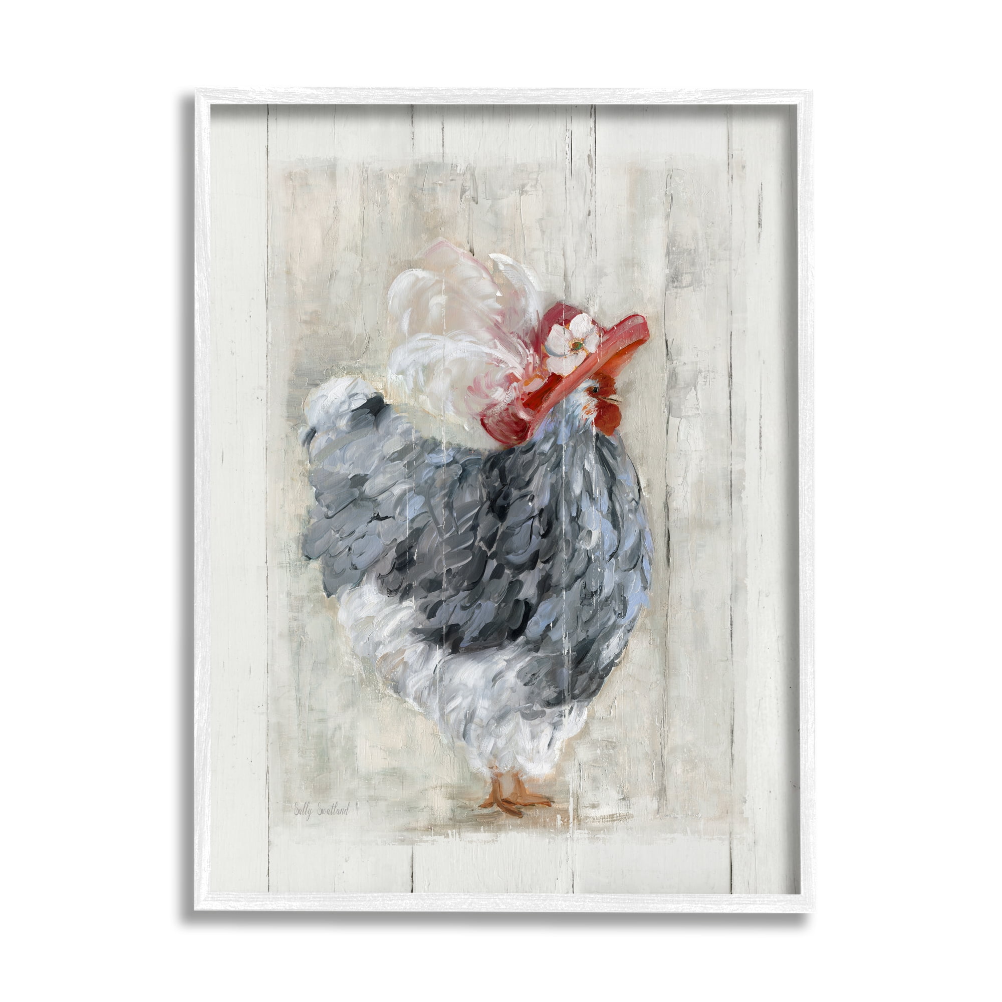 Stupell Industries Farm Chicken in Traditional Brim Hat Chic Bird Animals & Insects Painting White Framed Art Print Wall Art, 16 x 20