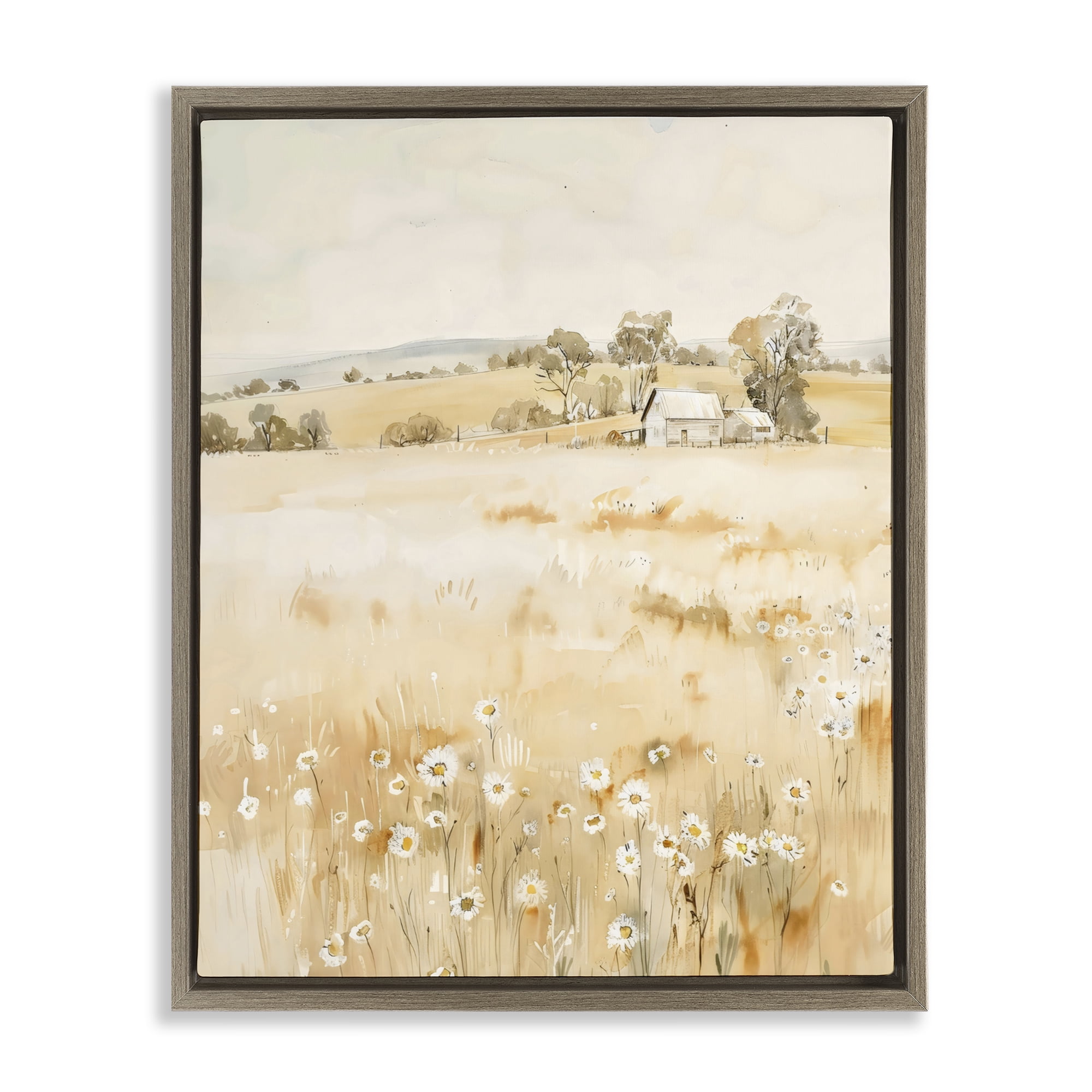 Stupell Industries Farm Country Meadow with Daisies Brown Framed Floater Canvas Wall Art, design by Creative Studio