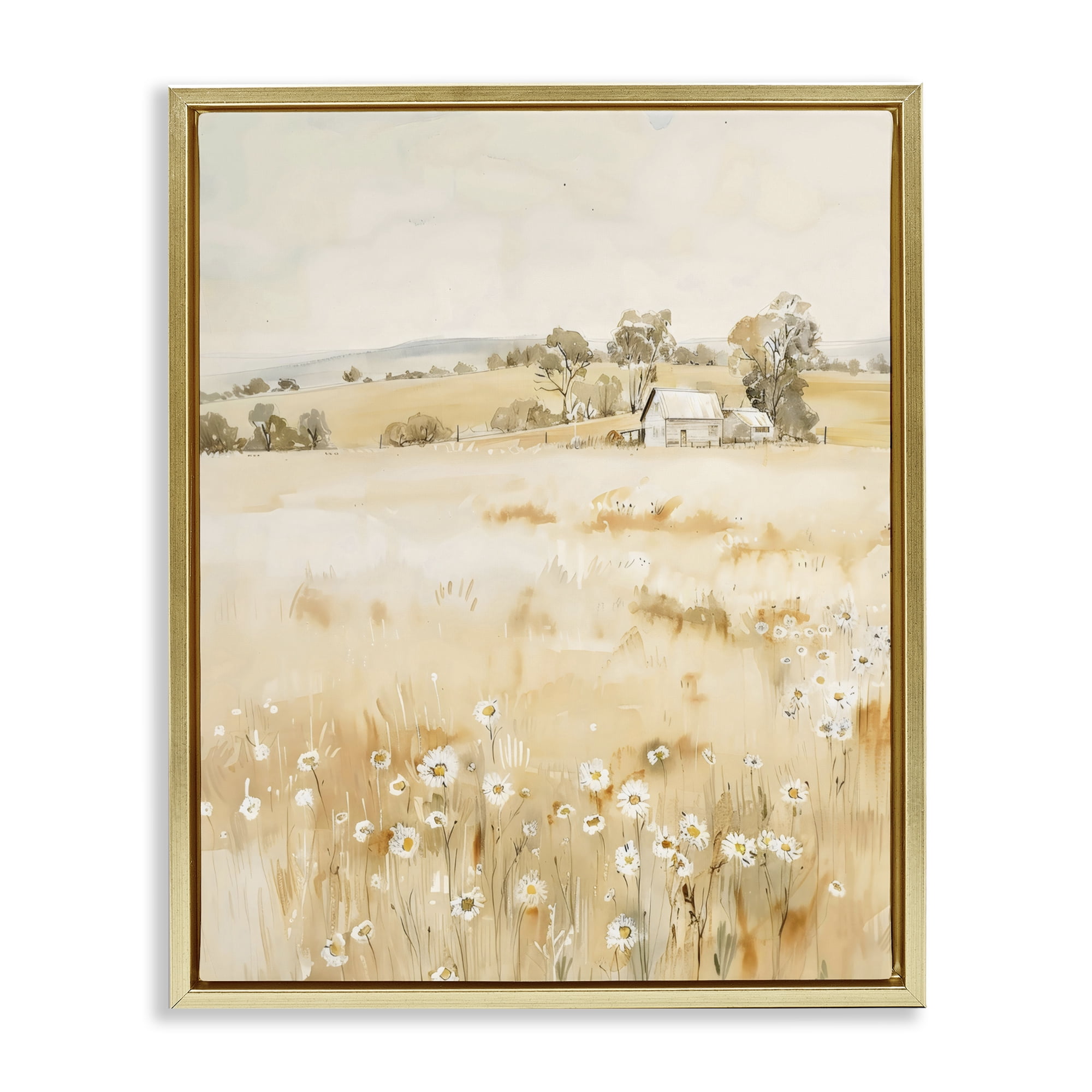Stupell Industries Farm Country Meadow with Daisies Gold Framed Floater Canvas Wall Art, design by Creative Studio