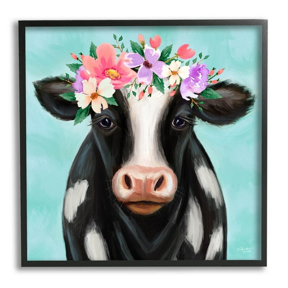 Stupell Industries Farm Cow Floral Turquoise Blossoms Painting Black Framed Art Print Wall Art, Design by Elizabeth Tyndall