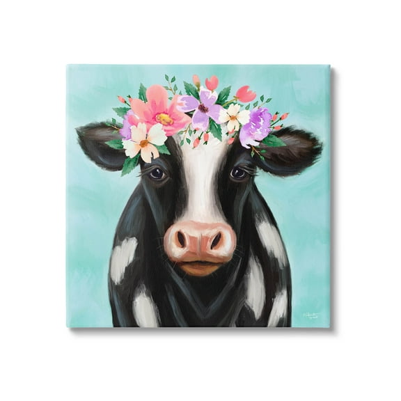 Stupell Industries Farm Cow Floral Turquoise Blossoms Painting Gallery Wrapped Canvas Print Wall Art, Design by Elizabeth Tyndall