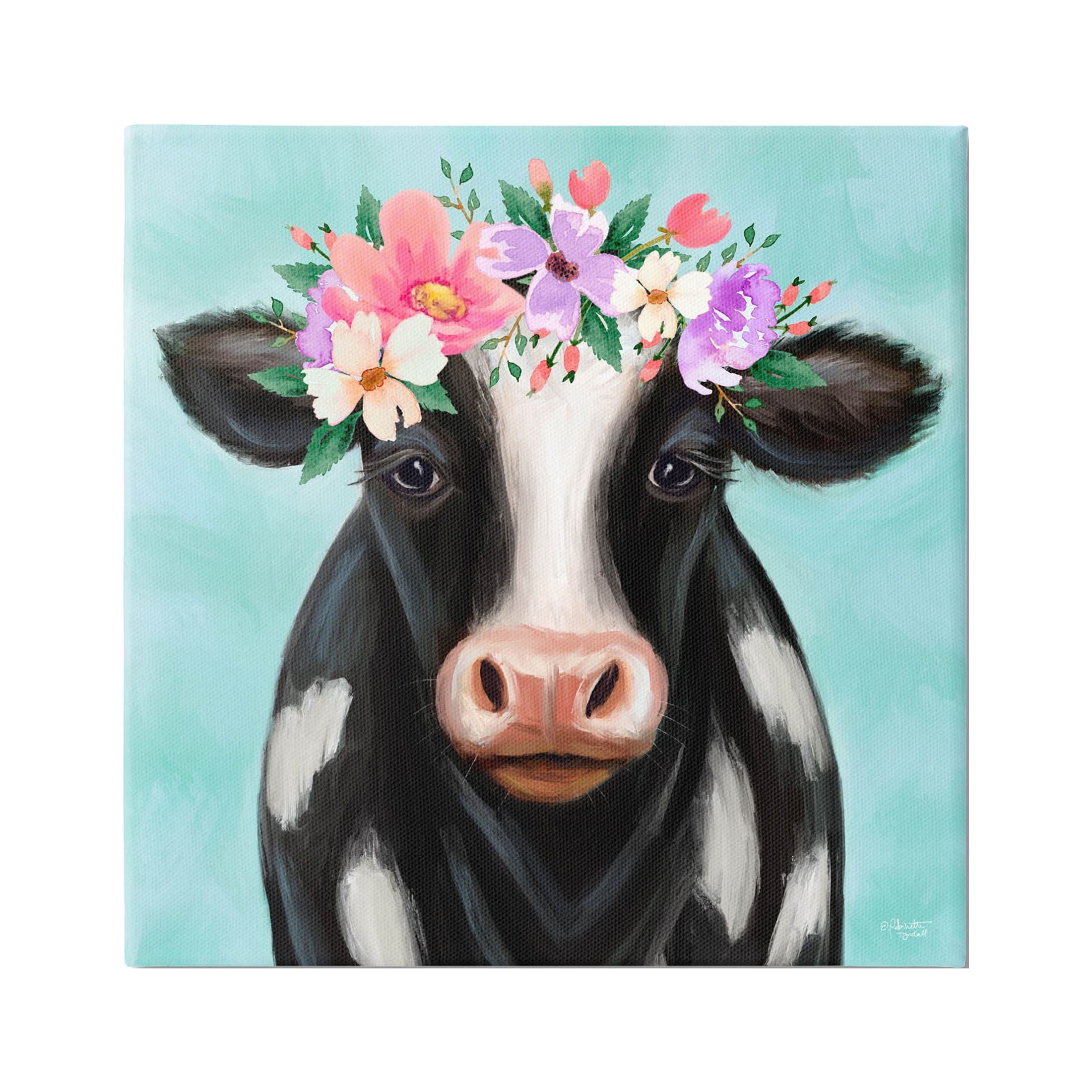 Stupell Industries Farm Cow Floral Turquoise Blossoms Painting Gallery Wrapped Canvas Print Wall Art, Design by Elizabeth Tyndall