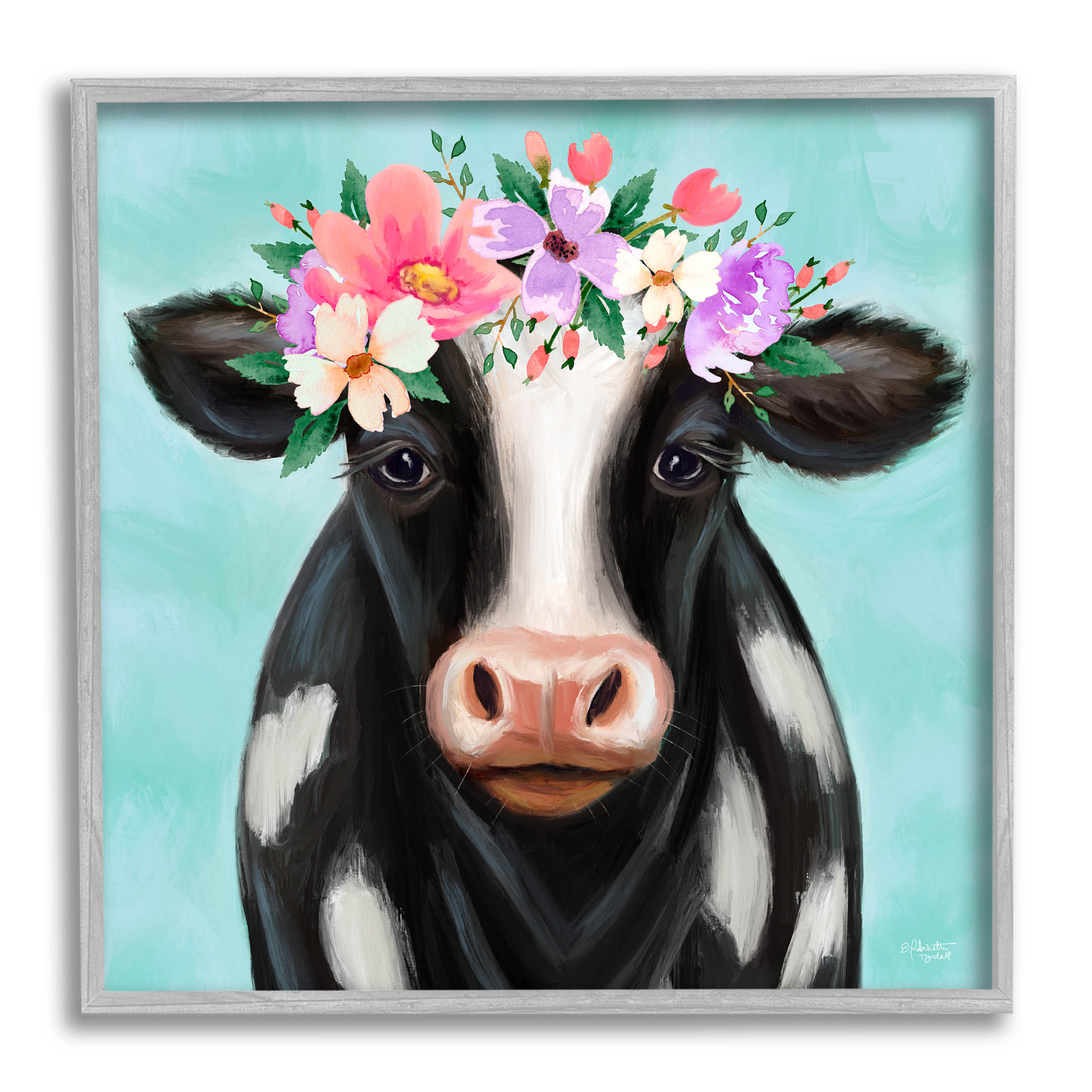 Stupell Industries Farm Cow Floral Turquoise Blossoms Painting Gray Framed Art Print Wall Art, Design by Elizabeth Tyndall