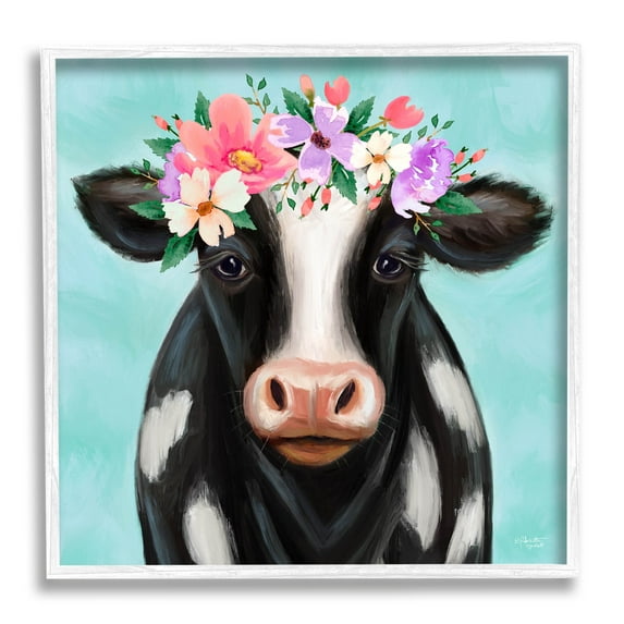 Stupell Industries Farm Cow Floral Turquoise Blossoms Painting White Framed Art Print Wall Art, Design by Elizabeth Tyndall