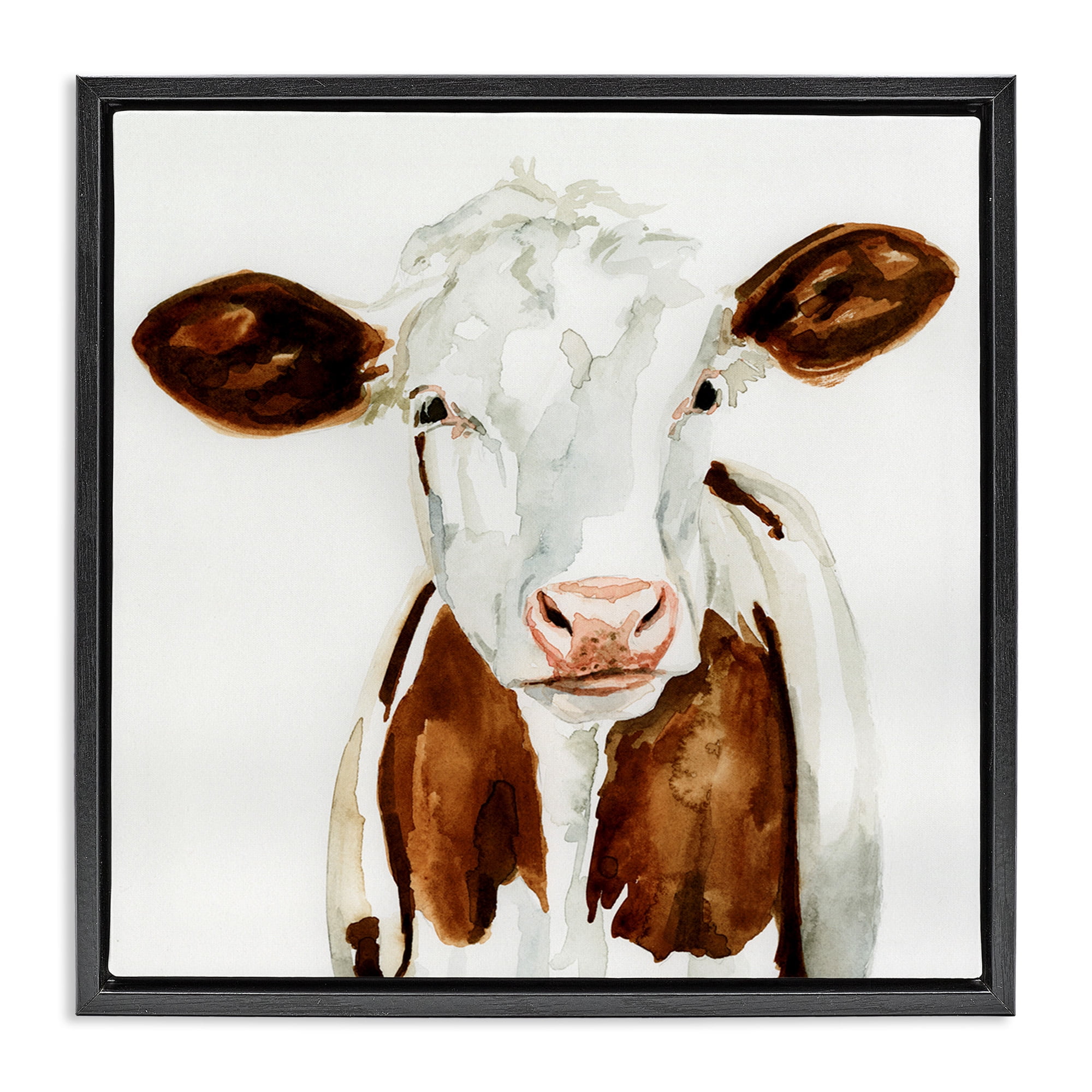 Stupell Industries Farm Cow Neutral Watercolor Animals & Insects Painting Black Floater Framed Canvas Art Print Wall Art, 25 x 25