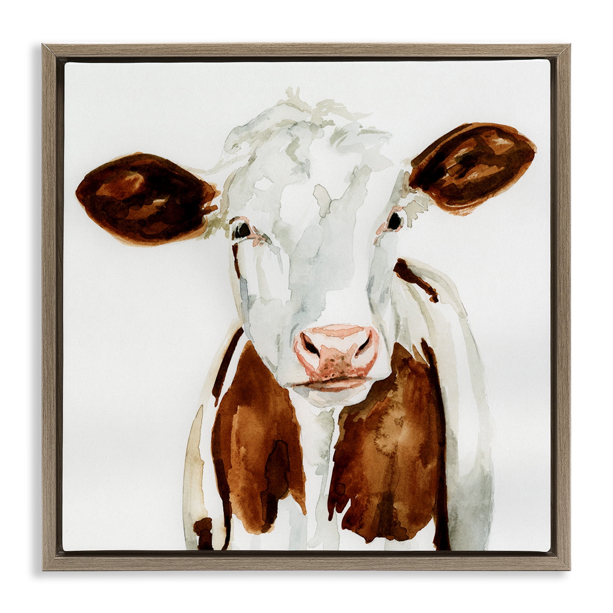 Stupell Industries Farm Cow Neutral Watercolor Animals & Insects Painting Brown Floater Framed Canvas Art Print Wall Art, 18 x 18