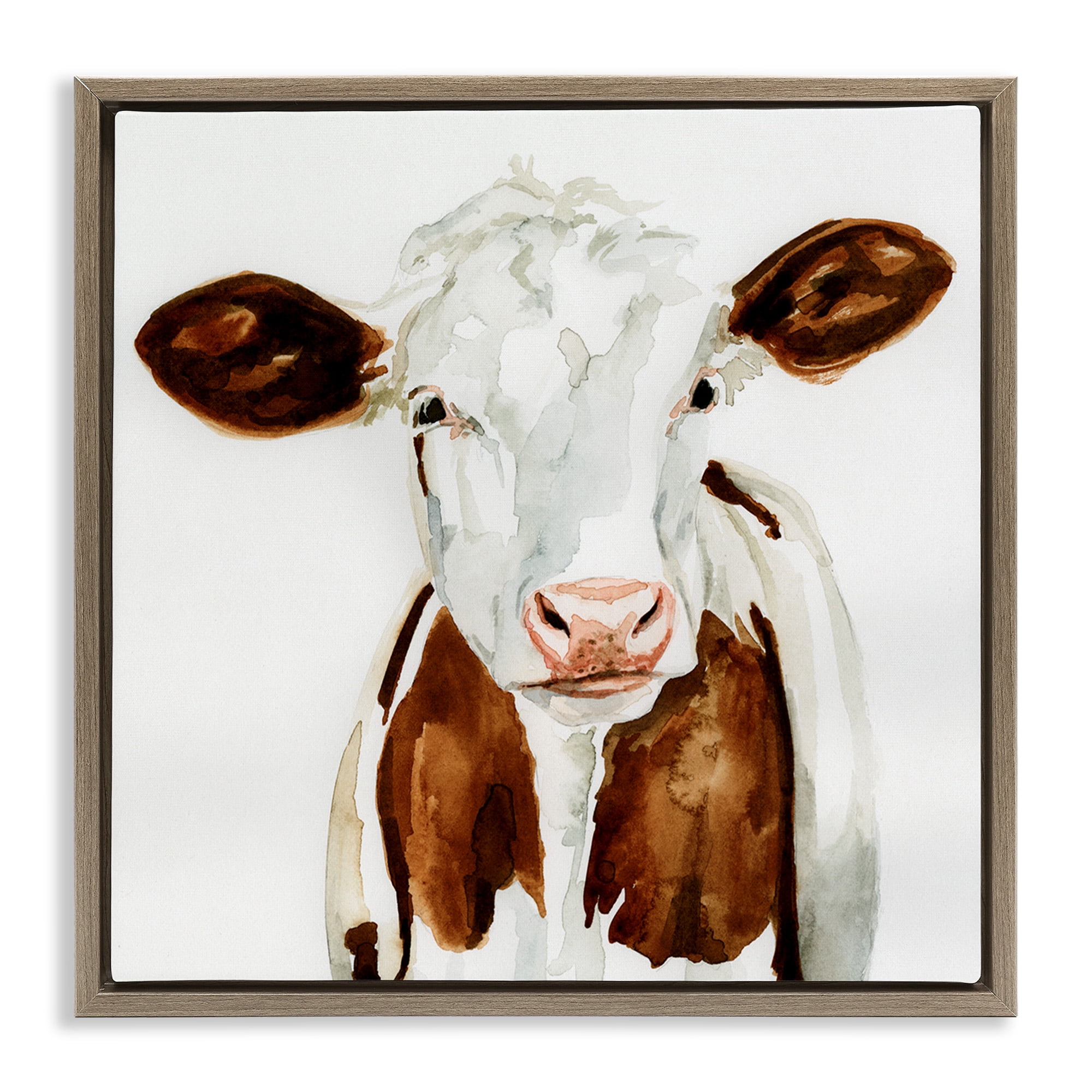 Stupell Industries Farm Cow Neutral Watercolor Animals & Insects Painting Brown Floater Framed Canvas Art Print Wall Art, 25 x 25
