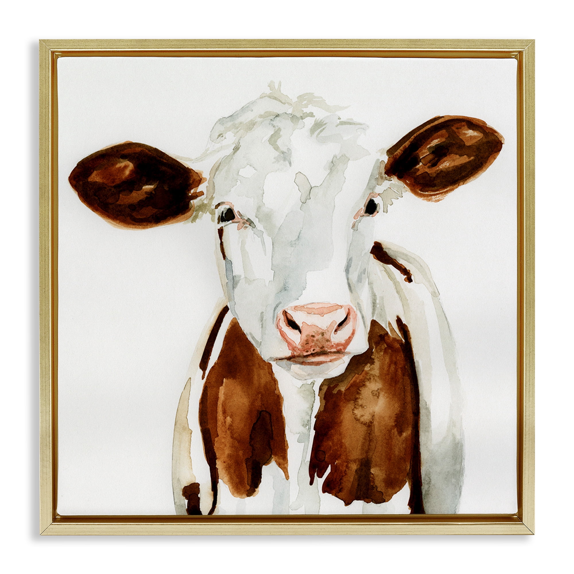 Stupell Industries Farm Cow Neutral Watercolor Animals & Insects Painting Gold Floater Framed Canvas Art Print Wall Art, 18 x 18