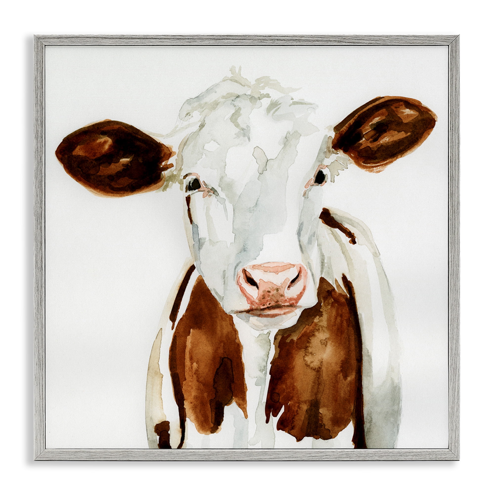 Stupell Industries Farm Cow Neutral Watercolor Animals & Insects Painting Gray Framed Art Print Wall Art, 24 x 24