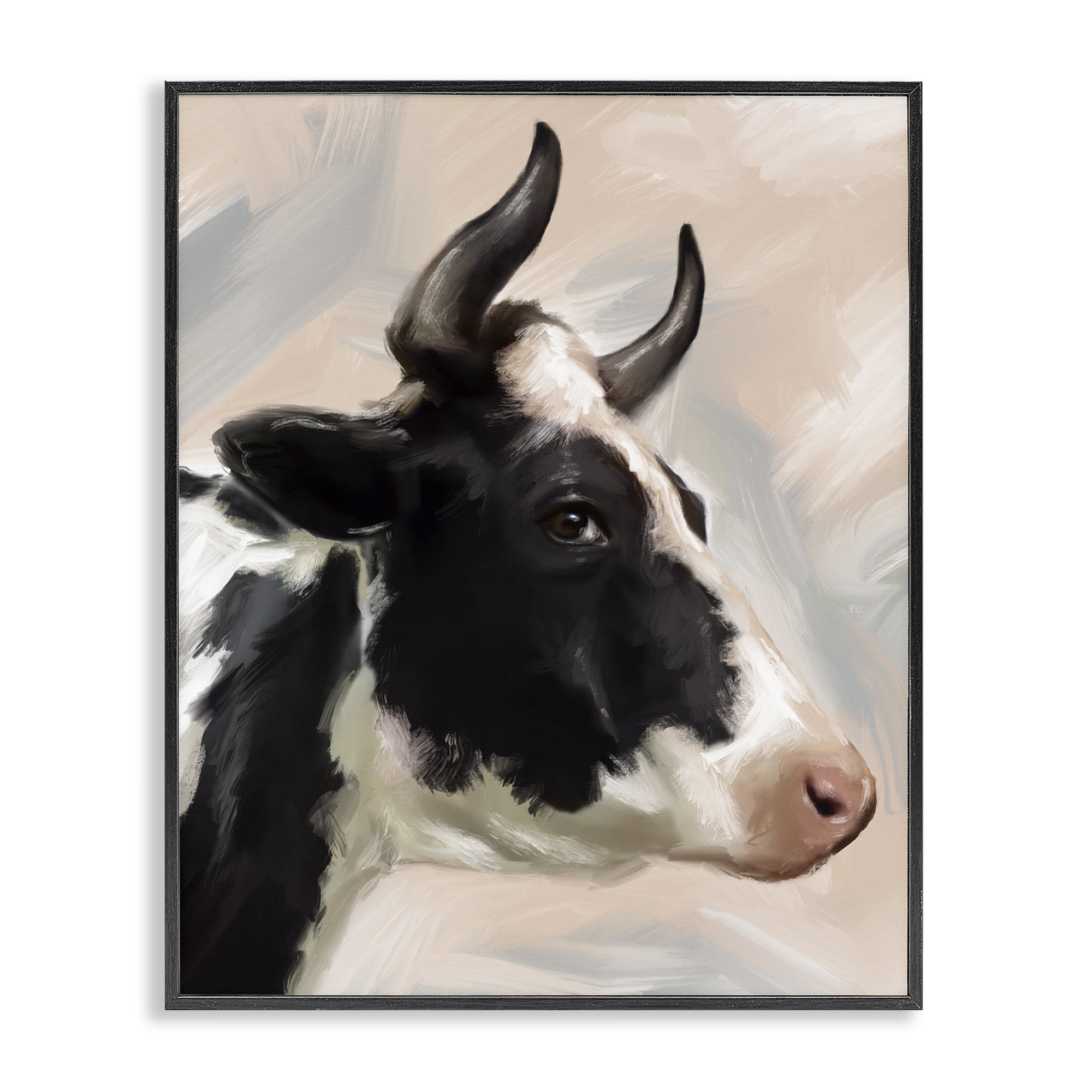 Stupell Industries Farm Cow with Horns Animals Painting Black Framed Art Print Wall Art, 24 x 30