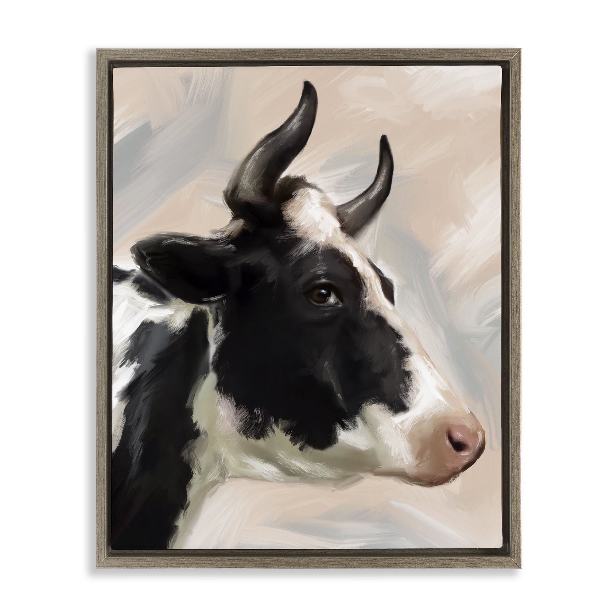 Stupell Industries Farm Cow with Horns Animals Painting Brown Floater Framed Canvas Art Print Wall Art, 25 x 31