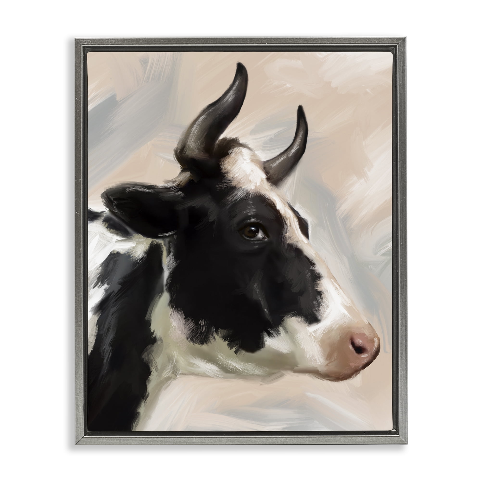 Stupell Industries Farm Cow with Horns Animals Painting Gray Floater Framed Canvas Art Print Wall Art, 17 x 21