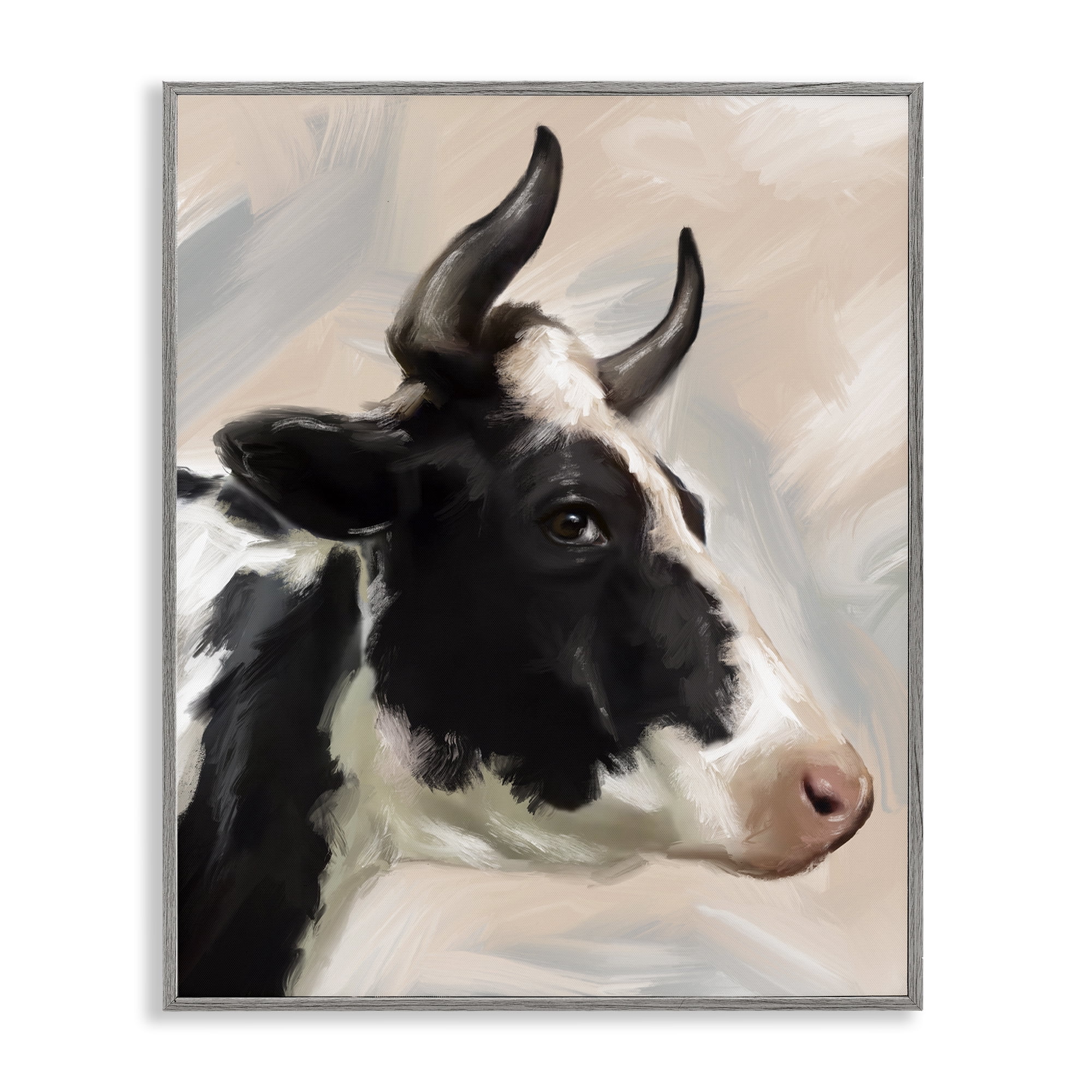 Stupell Industries Farm Cow with Horns Animals Painting Gray Framed Art Print Wall Art, 11 x 14