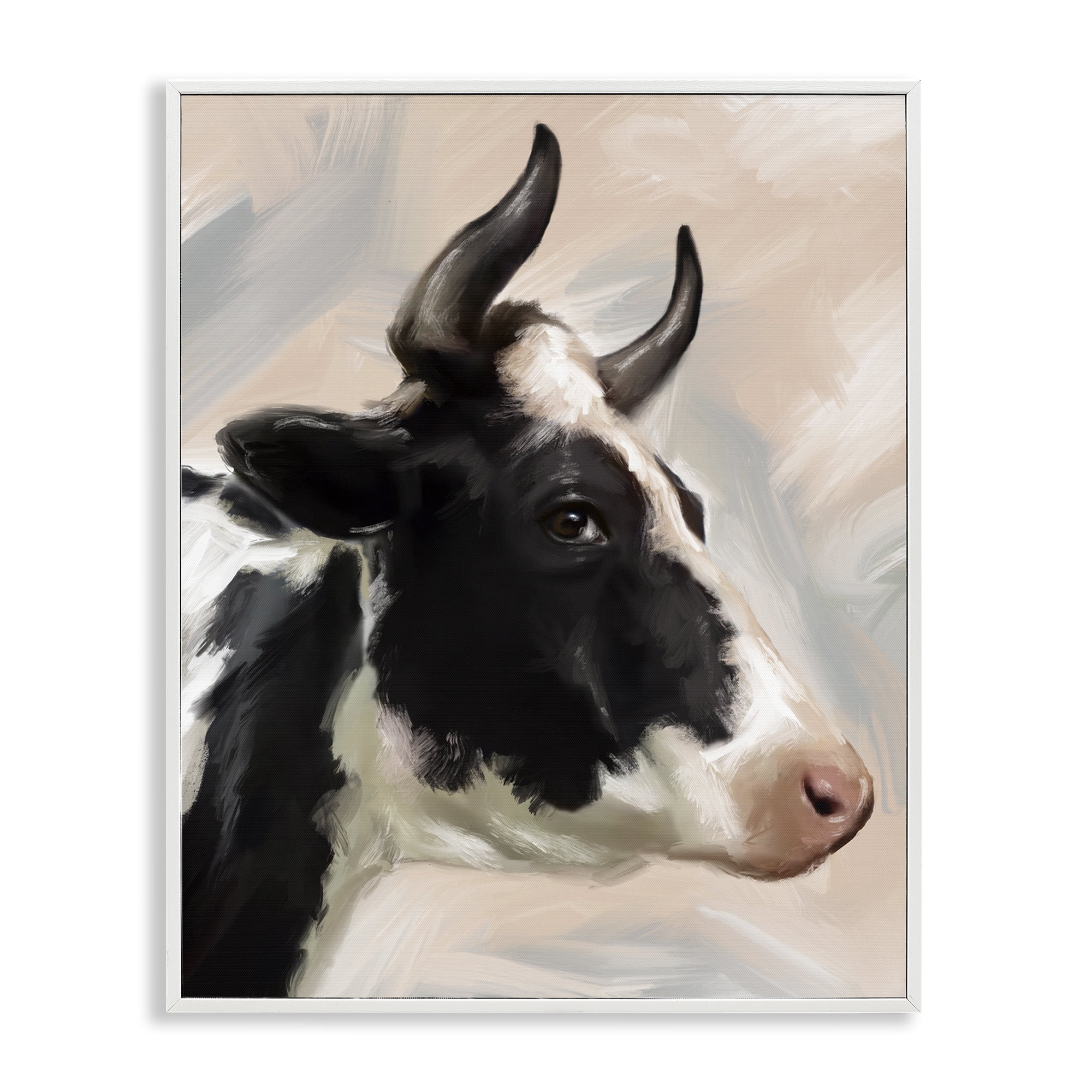Stupell Industries Farm Cow with Horns Animals Painting White Framed Art Print Wall Art, 24 x 30