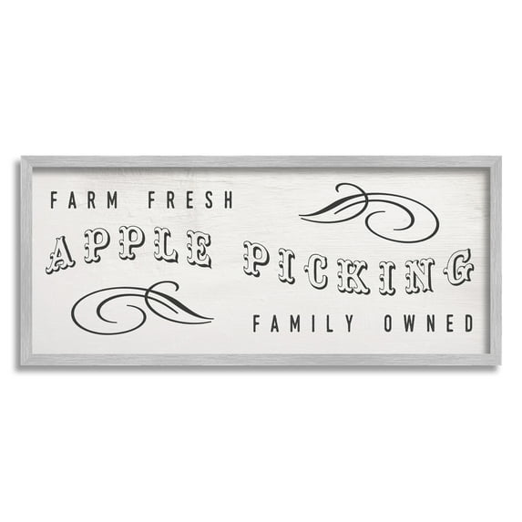 Stupell Industries Farm Fresh Apple Picking Family Owned Harvest Sign Graphic Art Gray Framed Art Print Wall Art, 30x13, by Daphne Polselli