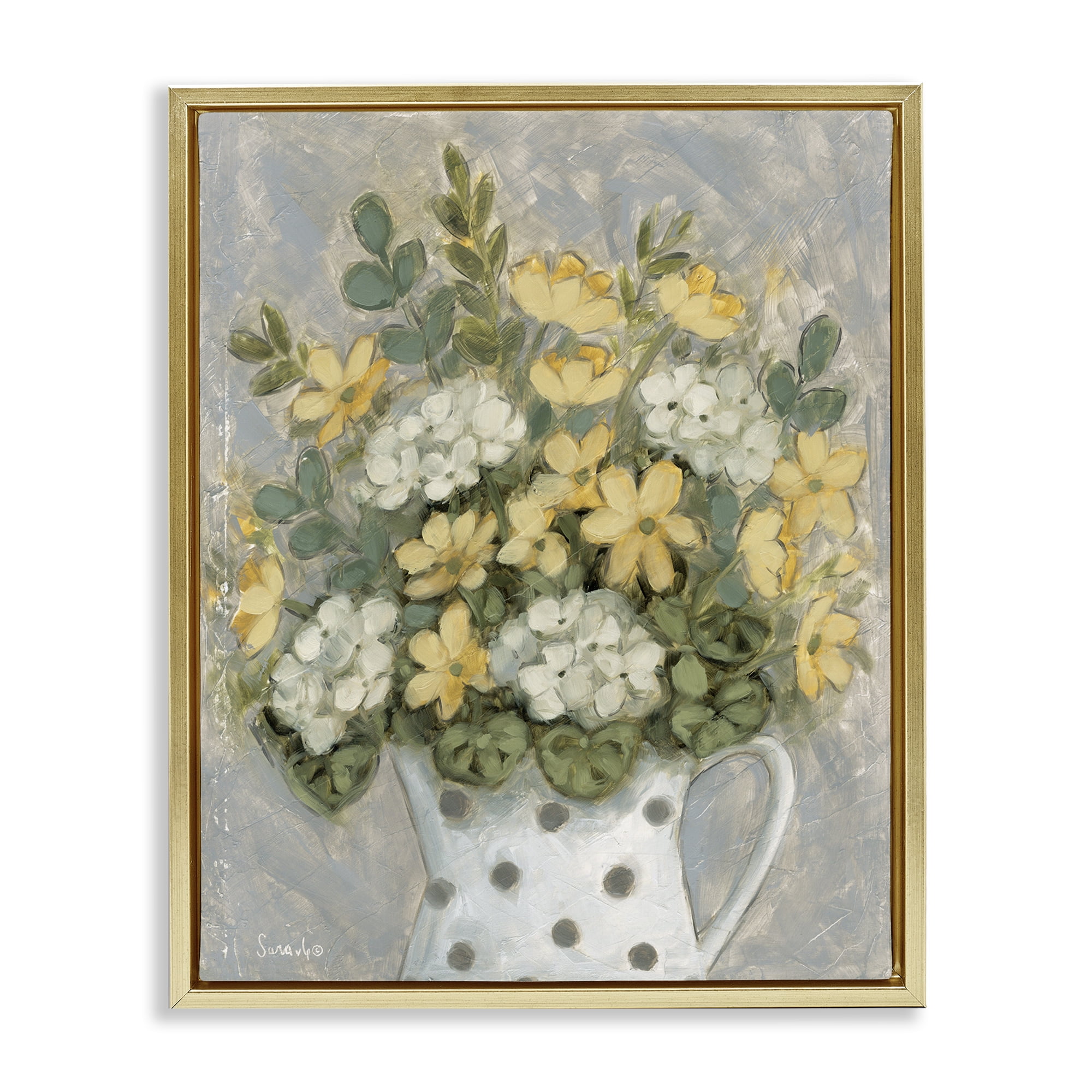 Stupell Industries Farm Fresh Bouquet Dotted Vase Gold Framed Floater Canvas Wall Art, design by Sara G. Designs