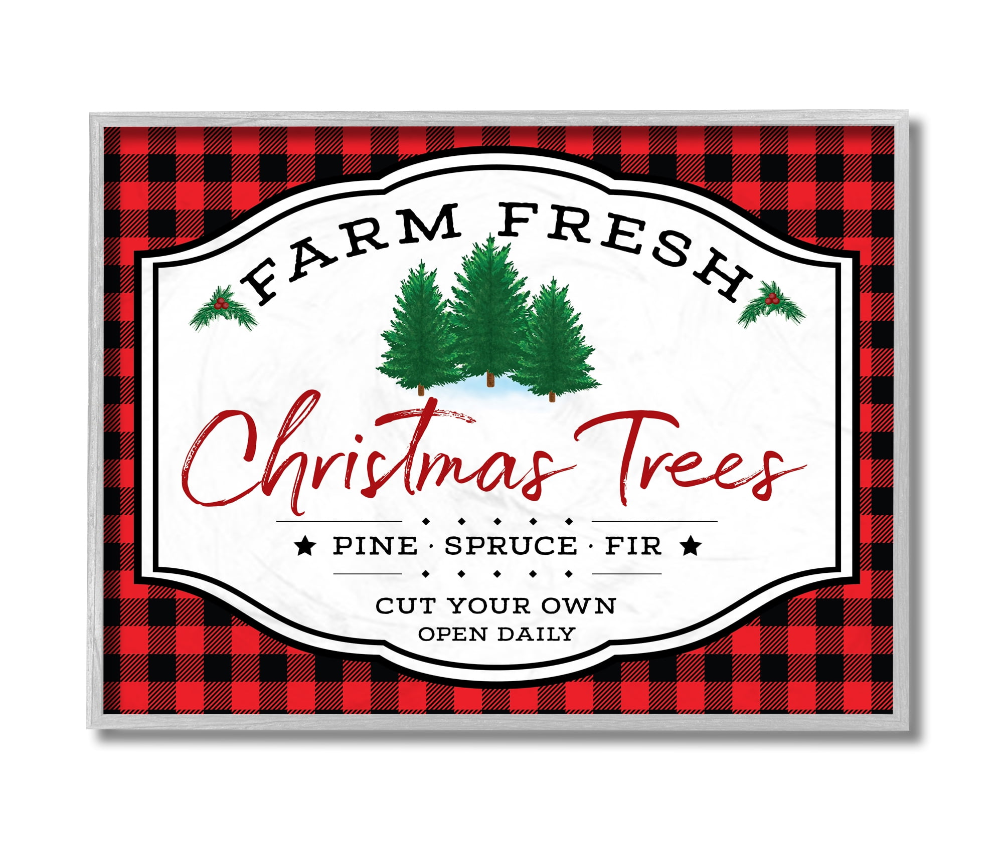 Stupell Industries Farm Fresh Christmas Tree Sign Red Buffalo Plaid Grey Framed, 16 x 20, Design by AE Design